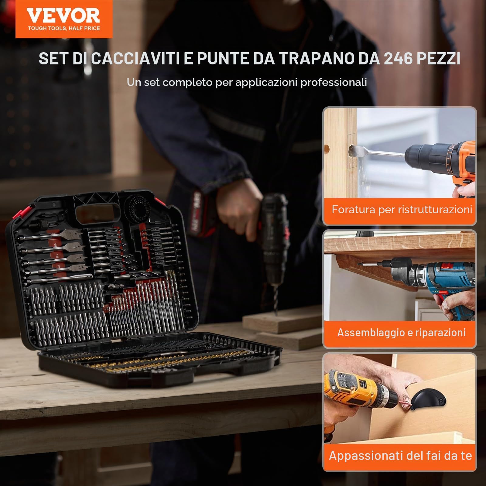 VEVOR Set di Punte da Trapano 246 Pezzi, Set di Punte da Trapano e Cacciavite, Set di Punte da Cacciavite Adatte per Foratura di Metallo, Kit Combinato Assortiti in Custodia per Trasporto Organizzata