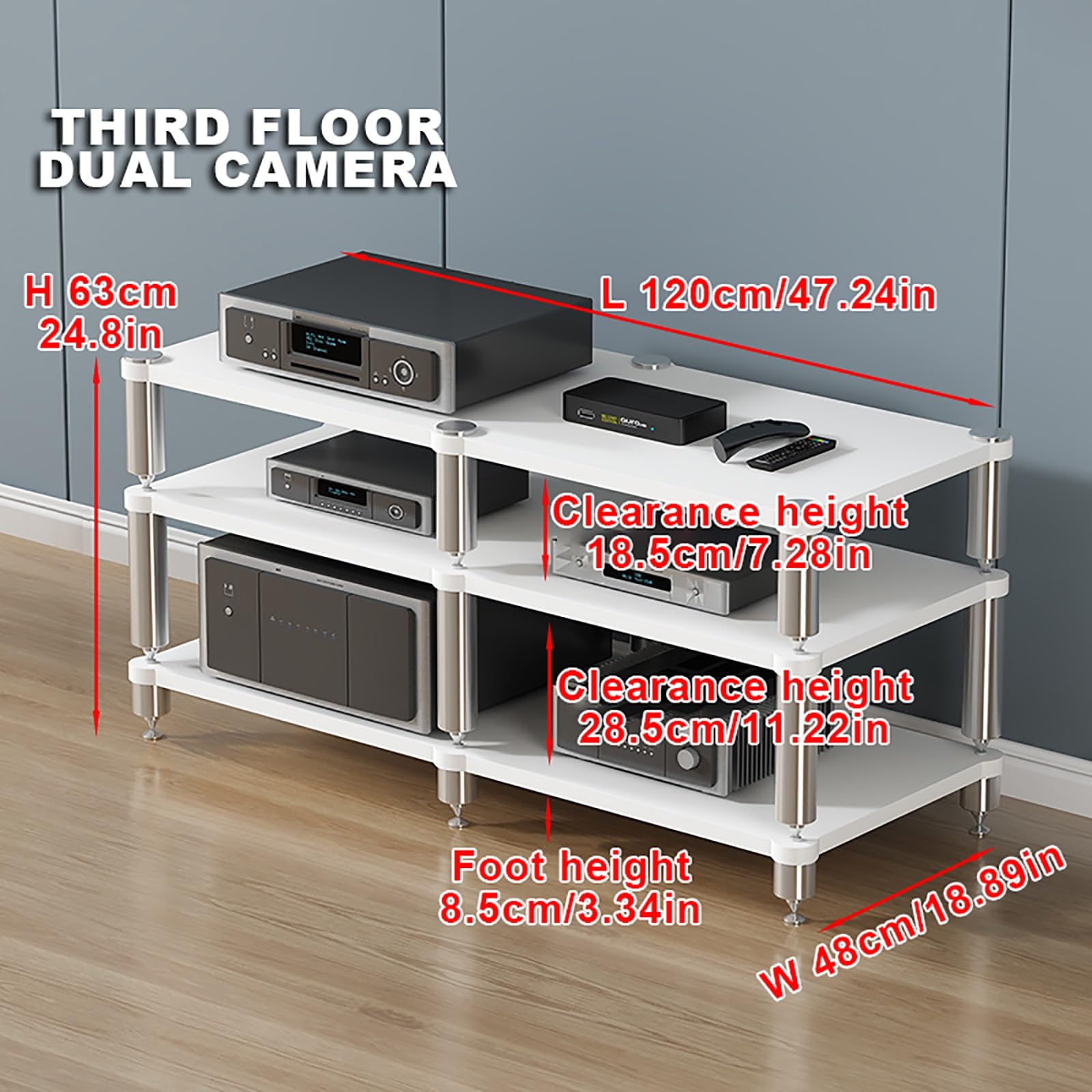 Scaffale portatile da gioco, torre per proiettore, lettore DVD, console di gioco e decoder via cavo, design moderno, finitura bianca, 120 x 48 x 63 cm