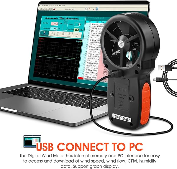 LYCEBELL HVAC Anemometro con Connessione USB al PC, LC-866A Misuratore della Velocità del Vento Digitale Professionale per Temperatura, Flusso D'aria, Umidità, con Retroilluminato per Vela HVAC Drone - 3