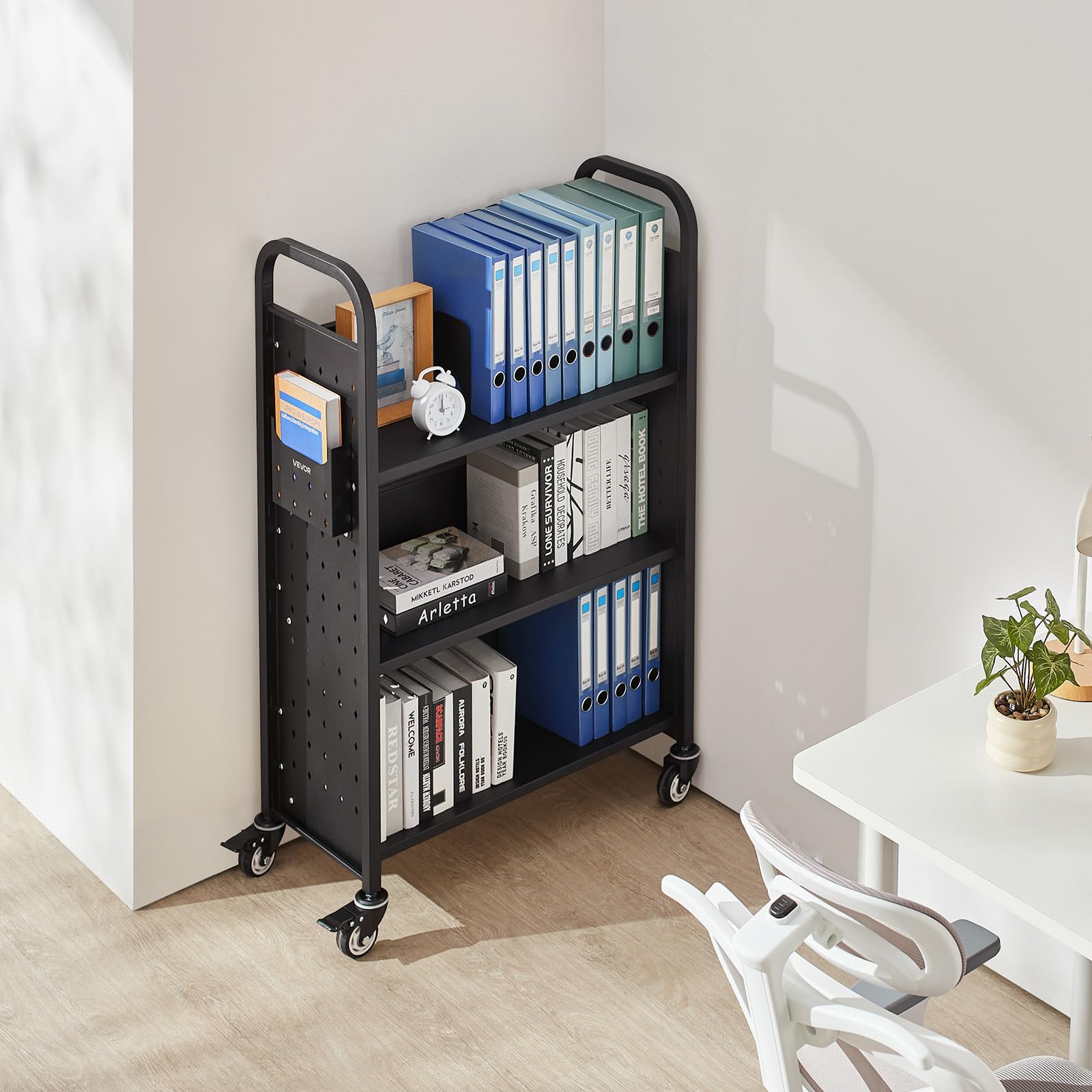 VEVOR Carro para Libros de 3 Niveles Estantería de Libros con Ruedas 77 x 38 x 122 cm Estante de Almacenamiento en Forma de L Carro Rodante para Biblioteca, Librería, Oficina, Escuela, Negro