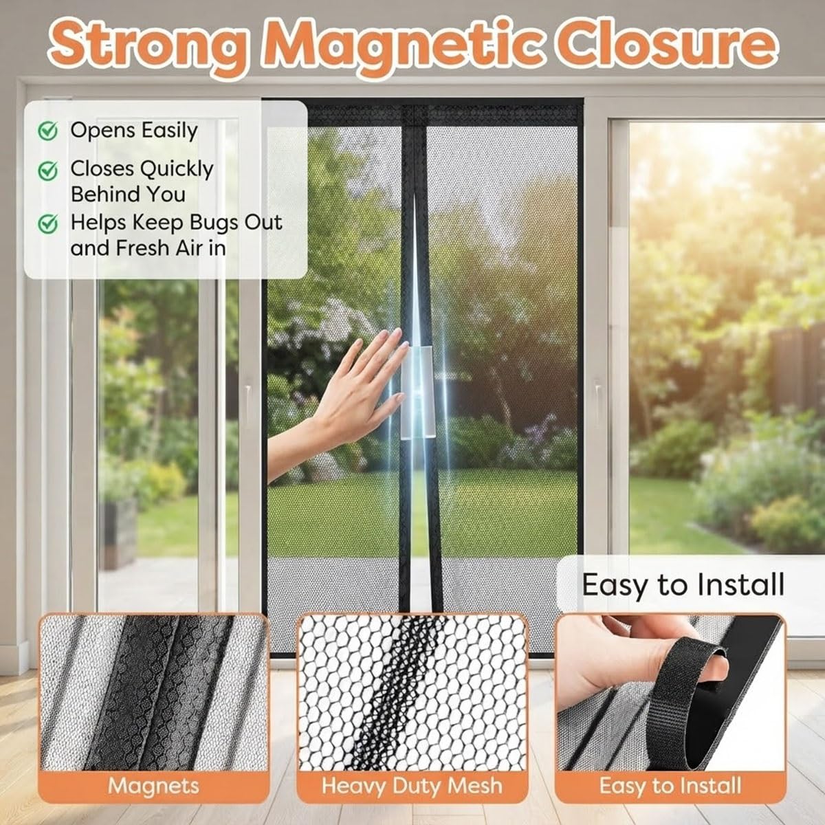 Rideau Magnétique de Porte Moustiquaire Anti-Insecte Voilage Protection | Maille Fine Fermeture Aimantée Sans Perçage Installation Facile Entrée Balcon Chambre Idéal Animaux(Noir,W145xH260cm)