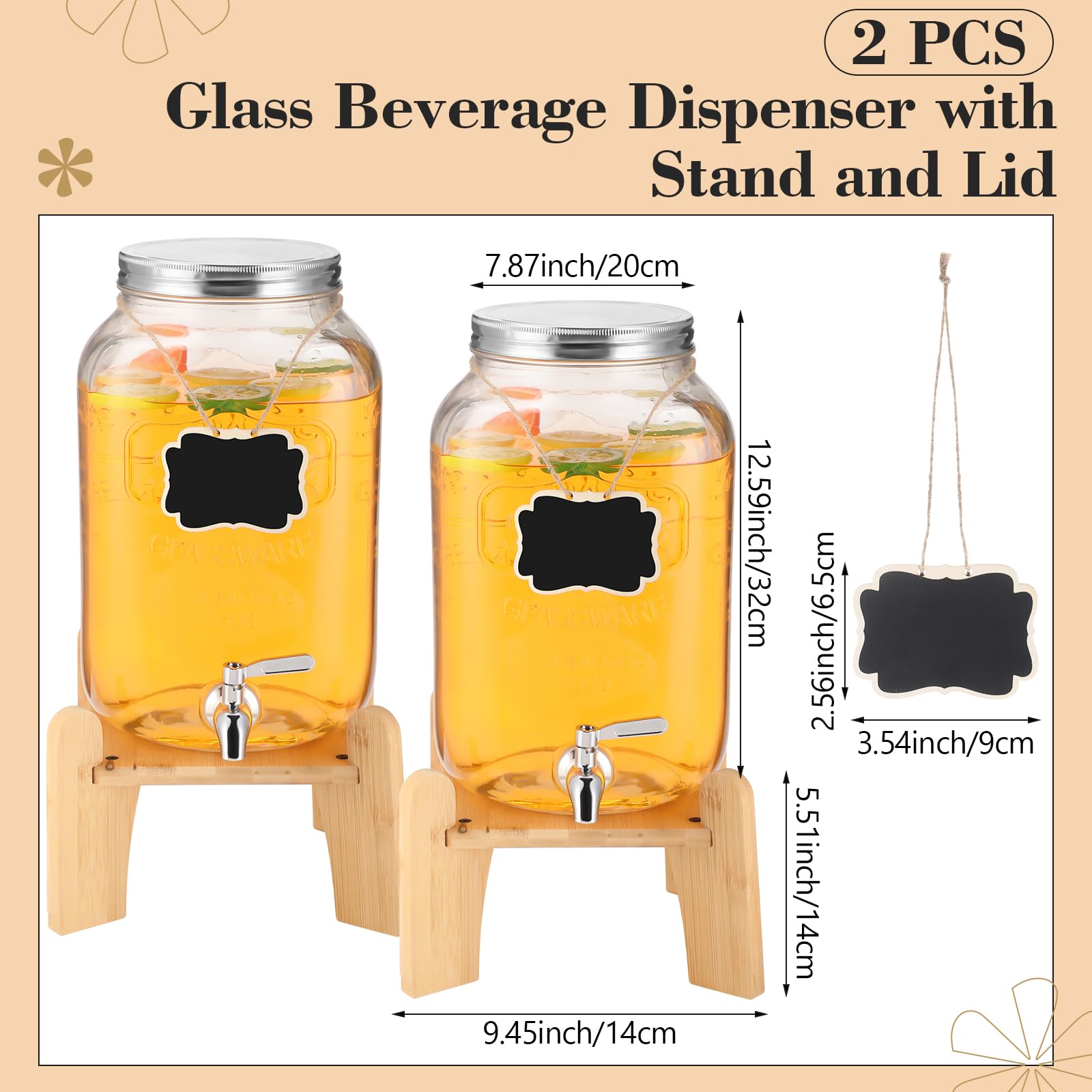 Sliner Paquete de 2 dispensadores de bebidas de vidrio con soporte, dispensador de bebidas de vidrio, recipientes de agua y jugos para fiestas con pizarra colgante de espiga de acero inoxidable (2
