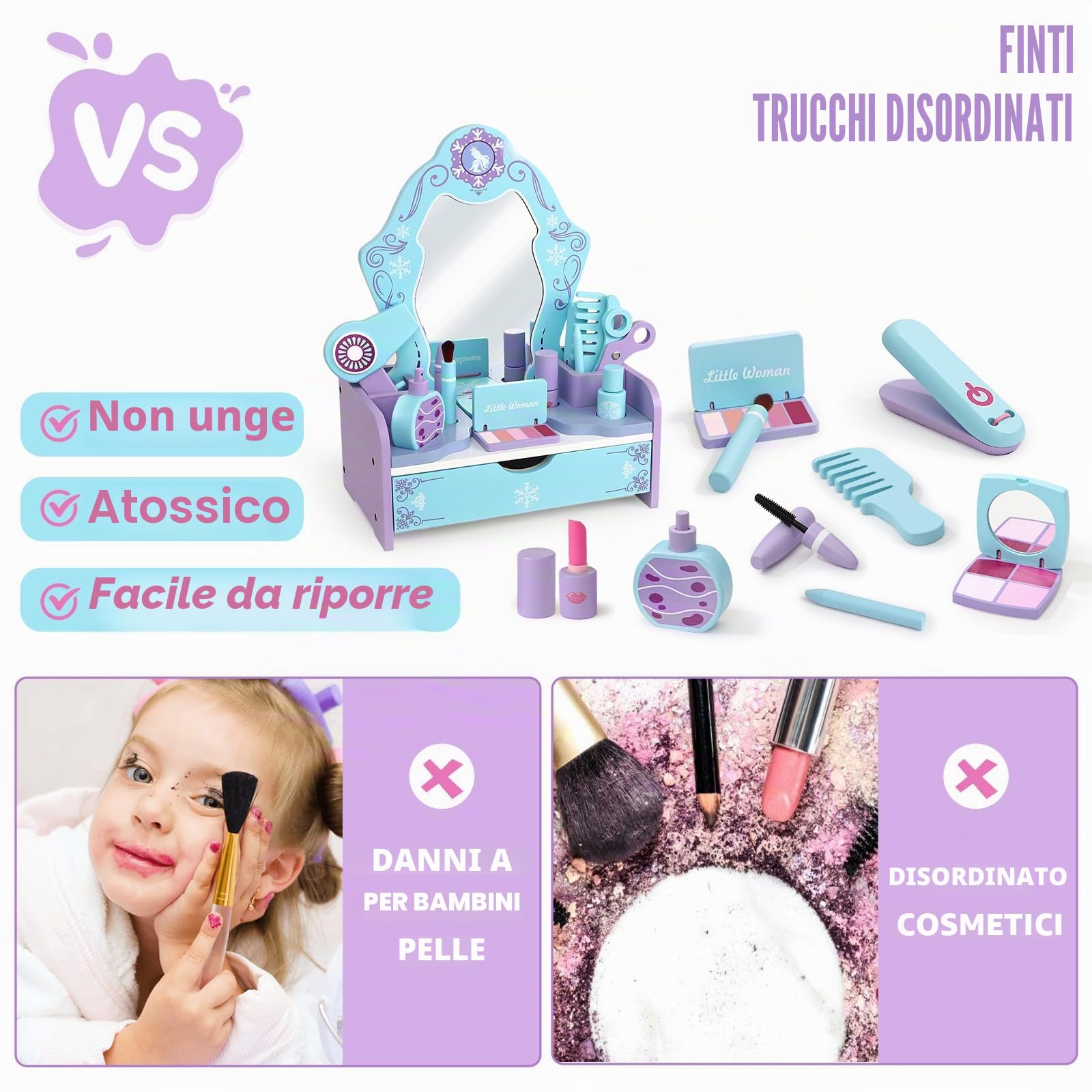 Atoylink Frozen Postazione Trucco Bambina in Legno, Toeletta Trucco Bambina con Specchiera Set Trucchi Bambina & Set Parrucchiera Bambina, Frozen Giochi Giocattoli Regalo per Bambino 3 4 5 6 Anni