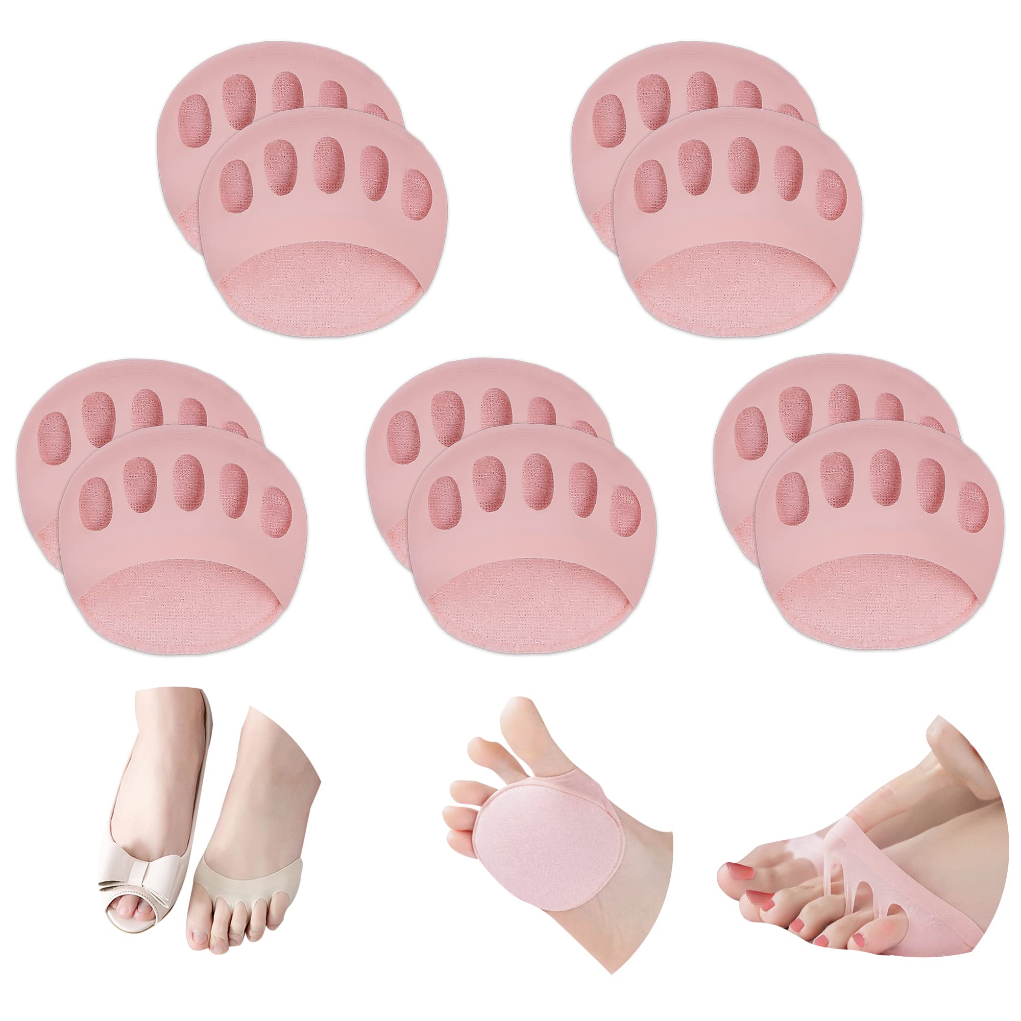 Ball of Foot Cushions Honeycomb Fabric Metatarsal Pads Invisible Socks Pads for Women and Men Reusable Forefoot Pads (5 Pairs-Pink)