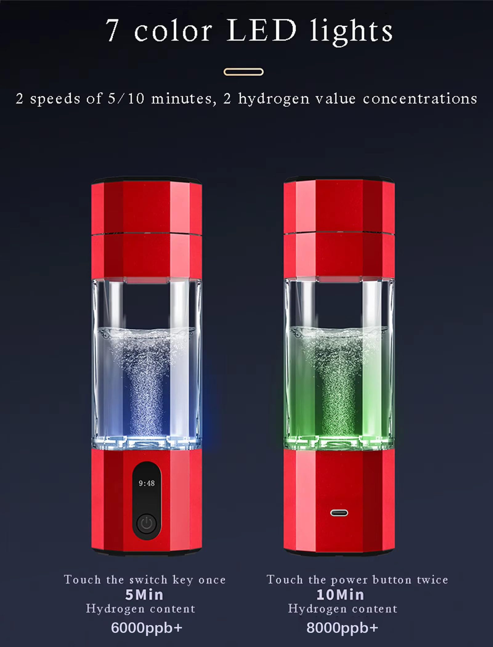 Generador de Agua de hidrógeno en Botella de 208 ml, máquina portátil de Agua de hidrógeno con ionizador de tecnología PEM, Alta concentración de 6000 a 8000 ppb