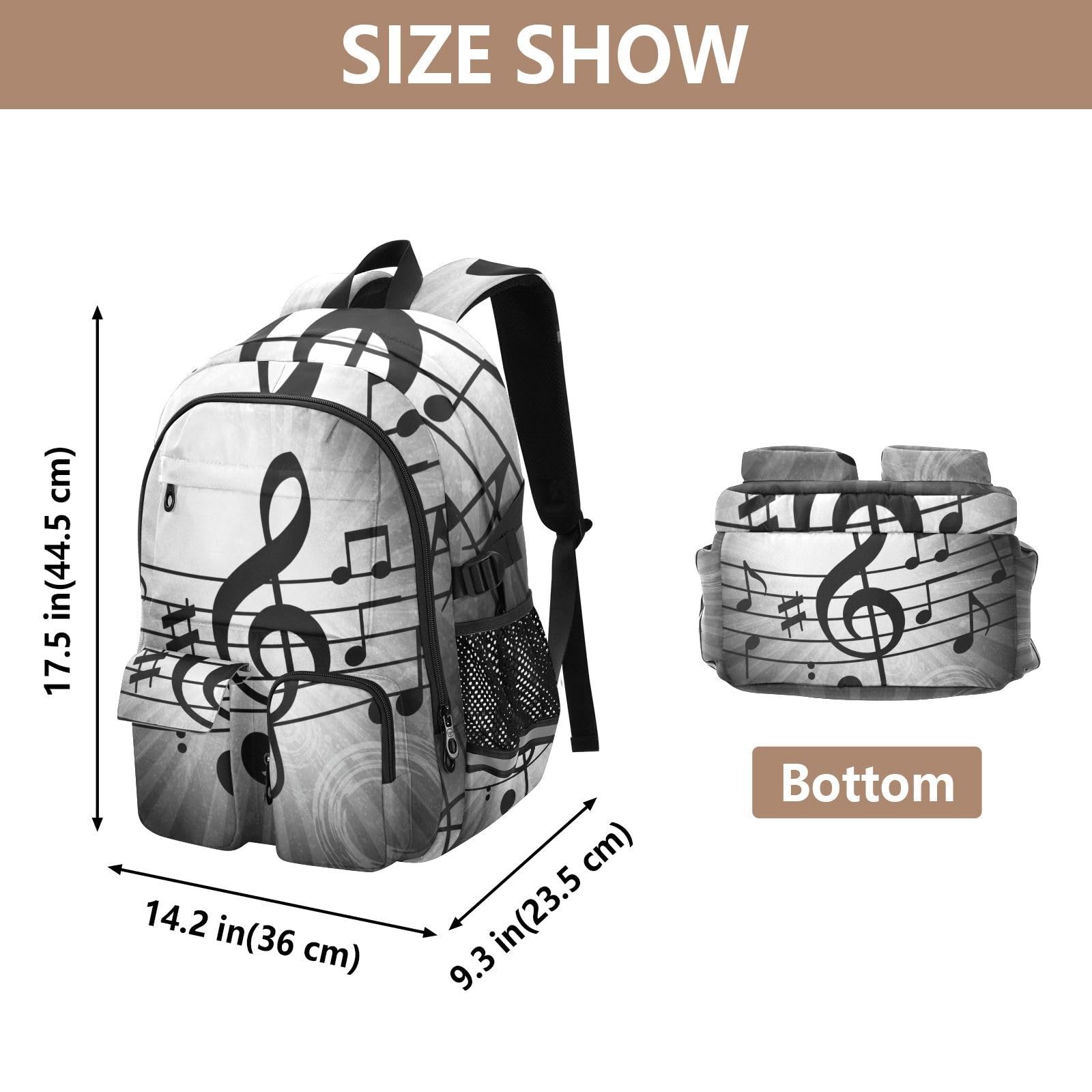 Mnsruu Musiknoten-Schulrucksack mit Laptopfach, große Schultasche für Teenager, Mädchen, Jungen, 17,5 cm Reiserucksack, Rucksack für Schule, Freizeit, Tagesrucksäcke, College, Arbeit