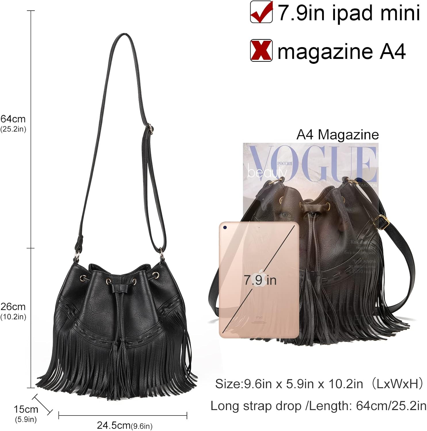 Leather Bucket Bags for Women Crossbody Fringe Purses with Drawstring Ladies Tassel Hobo and Shoulder Handbags - Image 4
