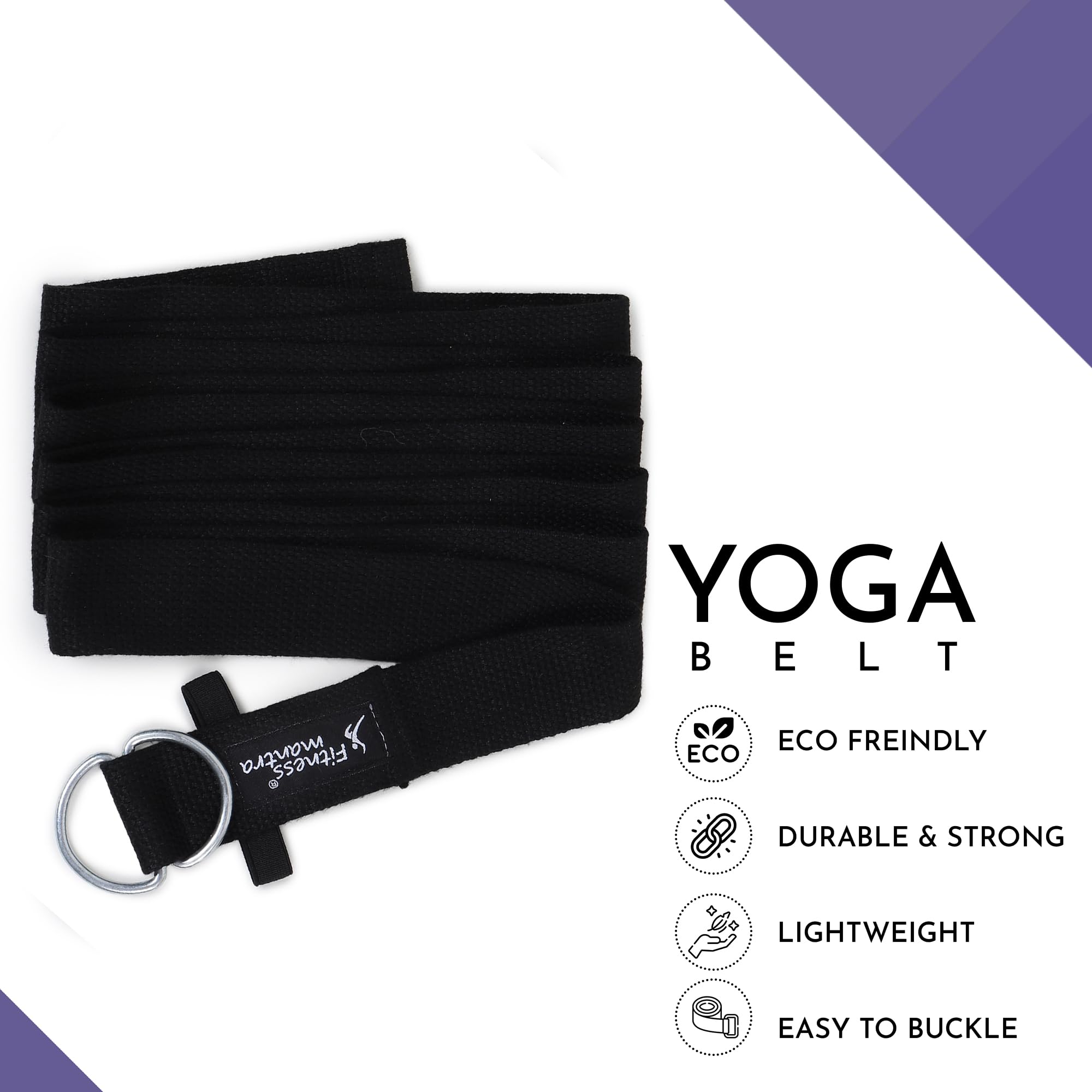 Fitness Mantra® 8.5 Feet Premium Cotton Yoga Belt for Women and Men |Adjustable D-Ring Strap for Stretching, Yoga, Pilates, Physical Therapy & Fitness |Durable & Anti-Slip Quality| Black| 2