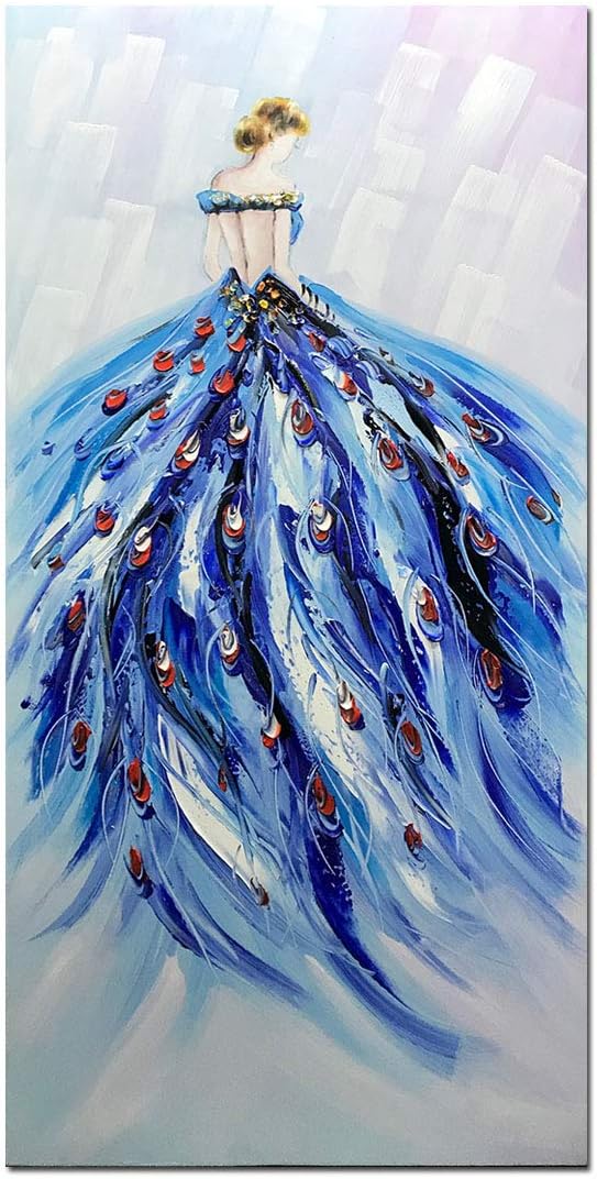 Metuu Modern Canvas Paintings, Texture Palette Knife Paintings Modern Home Decor Wall Art Painting Beautiful Girl with Peacock Skirt Wall Decoration Ready to Hang Ready to Hang 24x48 Inch (Bule)