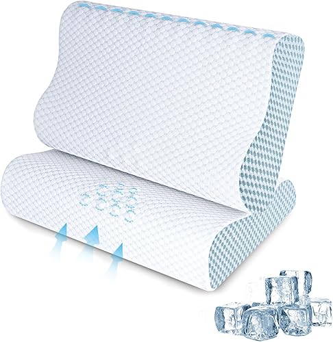 Paquete de 2 almohadas refrescantes de espuma viscoelástica para dormir, almohada cervical ergonómica para aliviar el dolor de cuello y hombros,