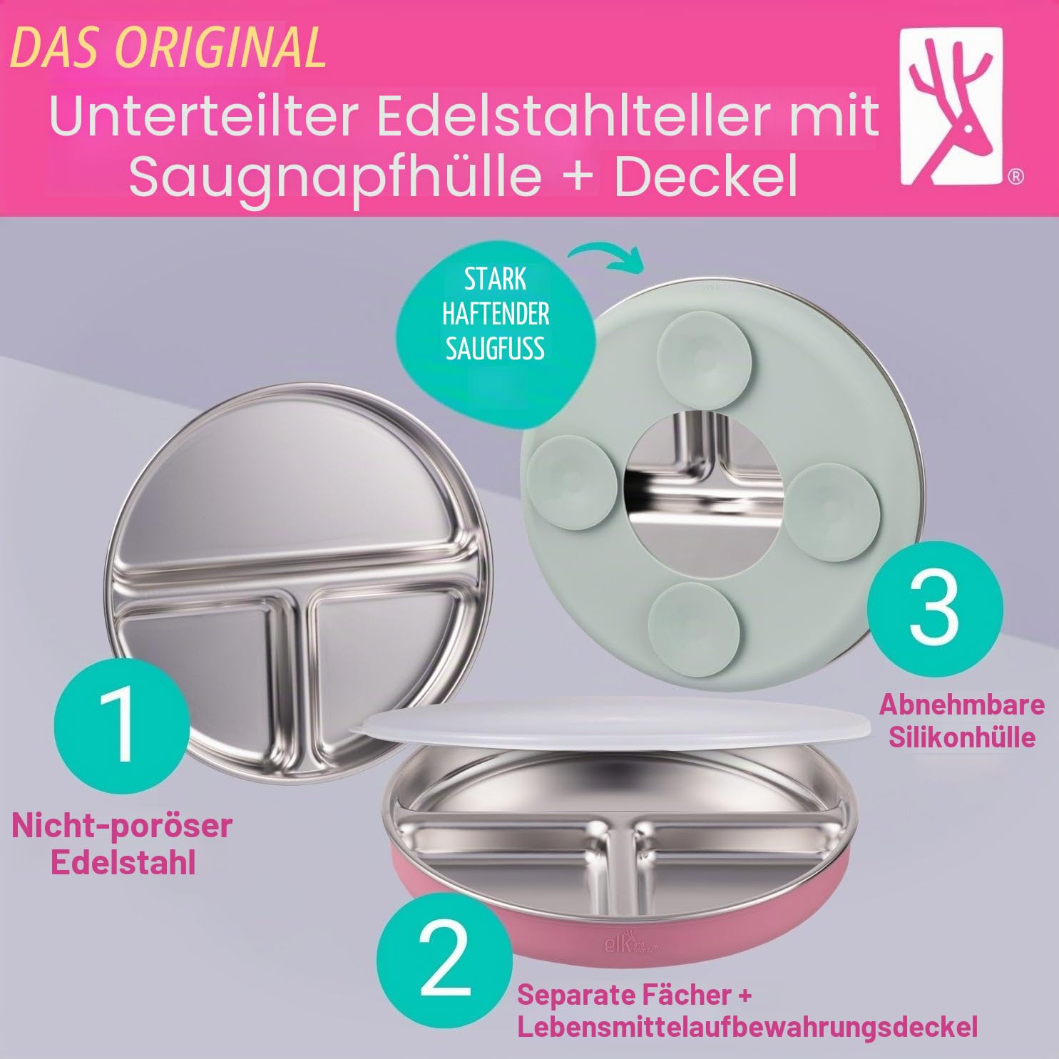Elk and Friends Kinder Edelstahl Unterteilungsteller mit Silikon-Saugnapf-Hüllen | Deckel inklusive | Für Babys & Kleinkinder | Spülmaschinenfest | Rutschfestes Geschirr | Snackteller | 2er Set