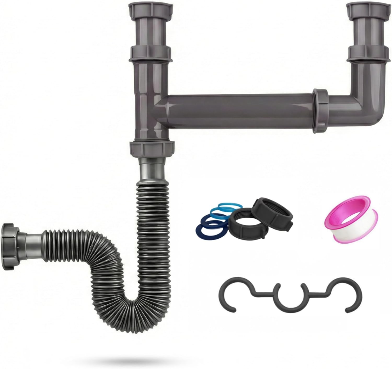 Double Bowl Kitchen Sink Drain Kit – End Outlet Waste for 1-1/2 Inch Drains – Adjustable Width (11" to 18") – PP Tubular Plumbing with Flexible P-Trap Hose & Sealing Tape