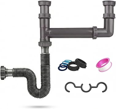 Double Bowl Kitchen Sink Drain Kit End Outlet Waste for 1-1/2 Inch Drains Adjustable Width 11" to 18" PP Tubular Plumbing with Flexible P-Trap Hose & Sealing Tape