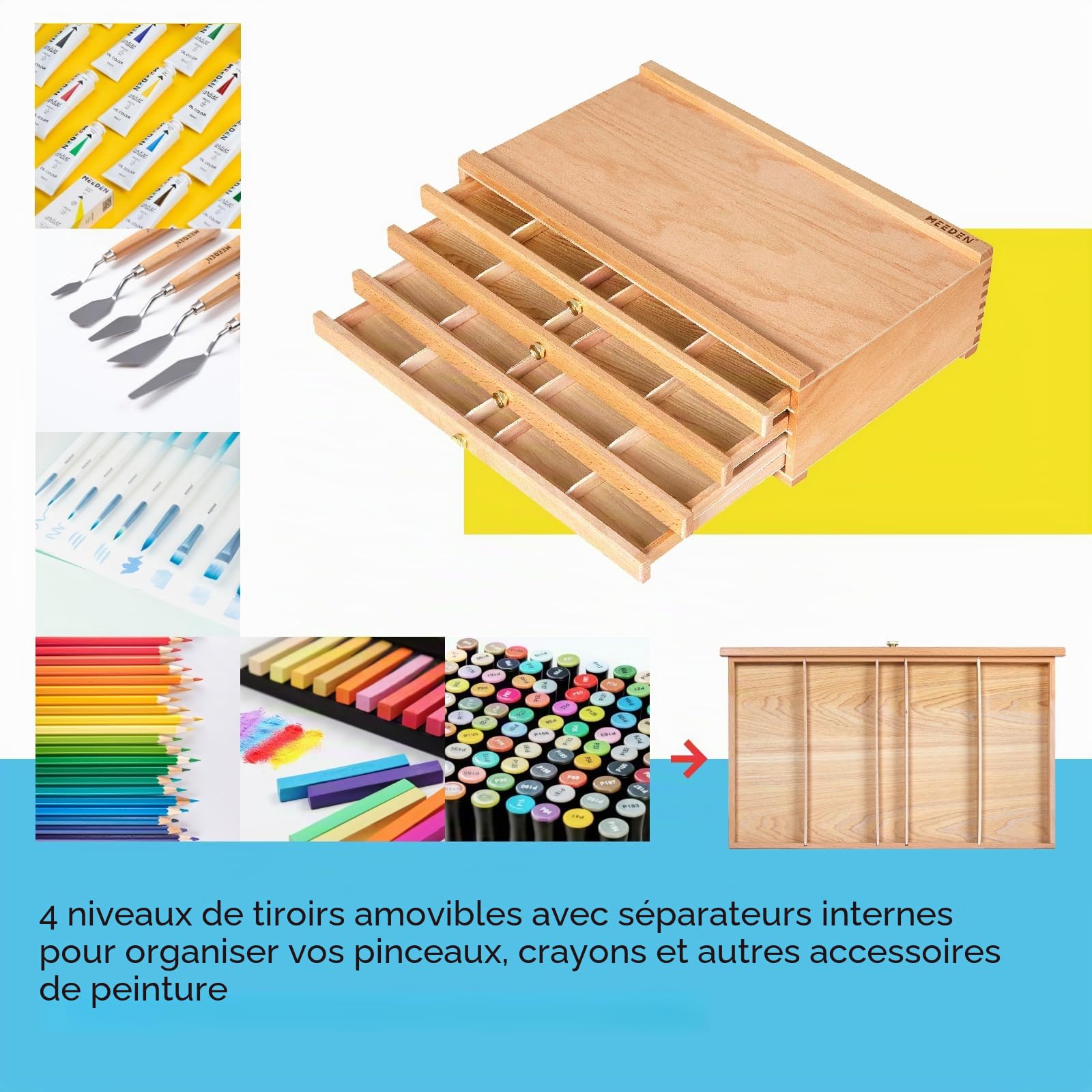 MEEDEN Boîte de rangement en bois de hêtre 4 tiroirs pour crayons et pinceaux avec tiroir et compartiments pour pastels, crayons, stylos, pinceaux, tampons
