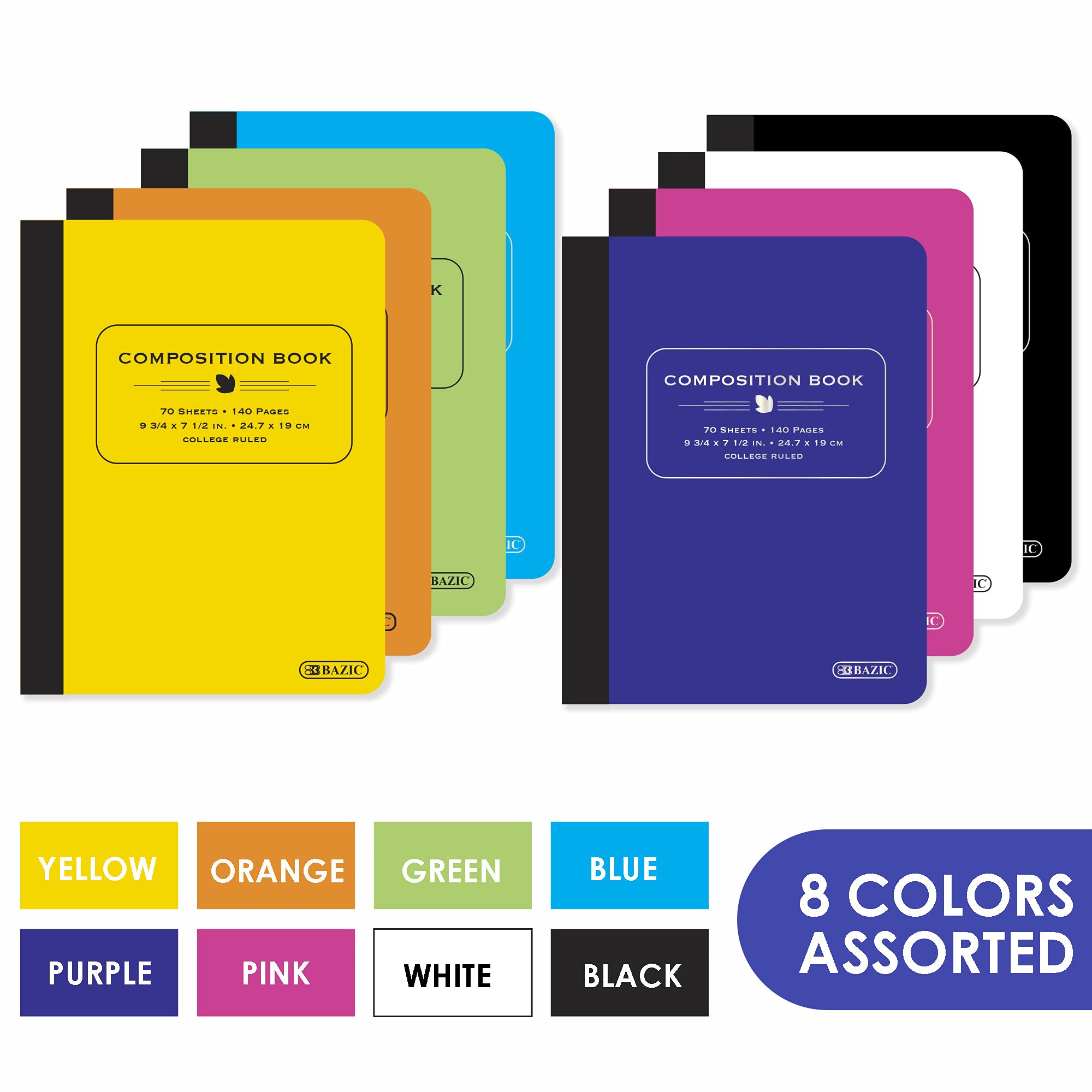 BAZIC Composition Book College a righe 70 fogli, copertina in policotone, quaderno per ufficio, scuola, colori assortiti, confezione da 8
