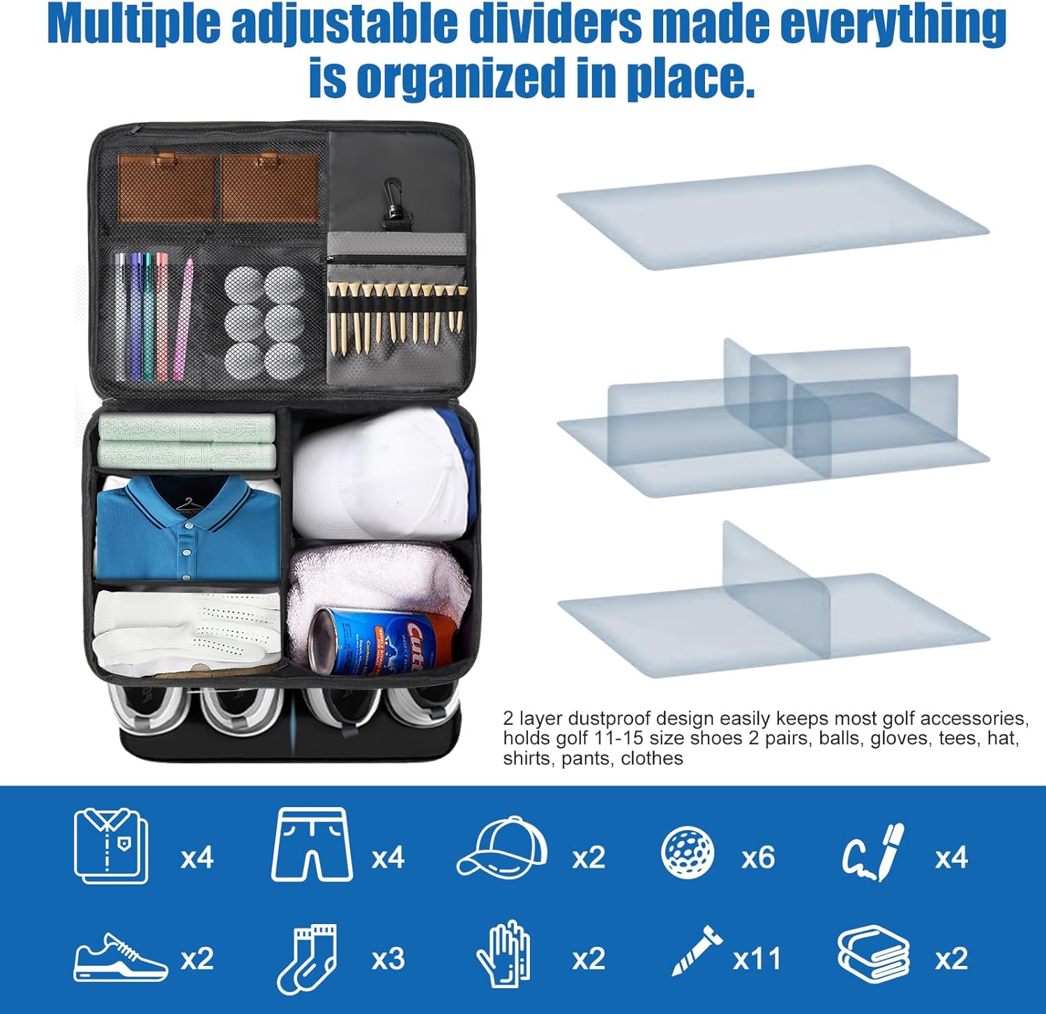 Golf Trunk Organizer for Car SUV with Shoe Compartment & Divider | 2-Layer Golf Storage Bag for Balls, Tees, Accessories | Waterproof Golf Locker Gift for Men, Dad, Golfers