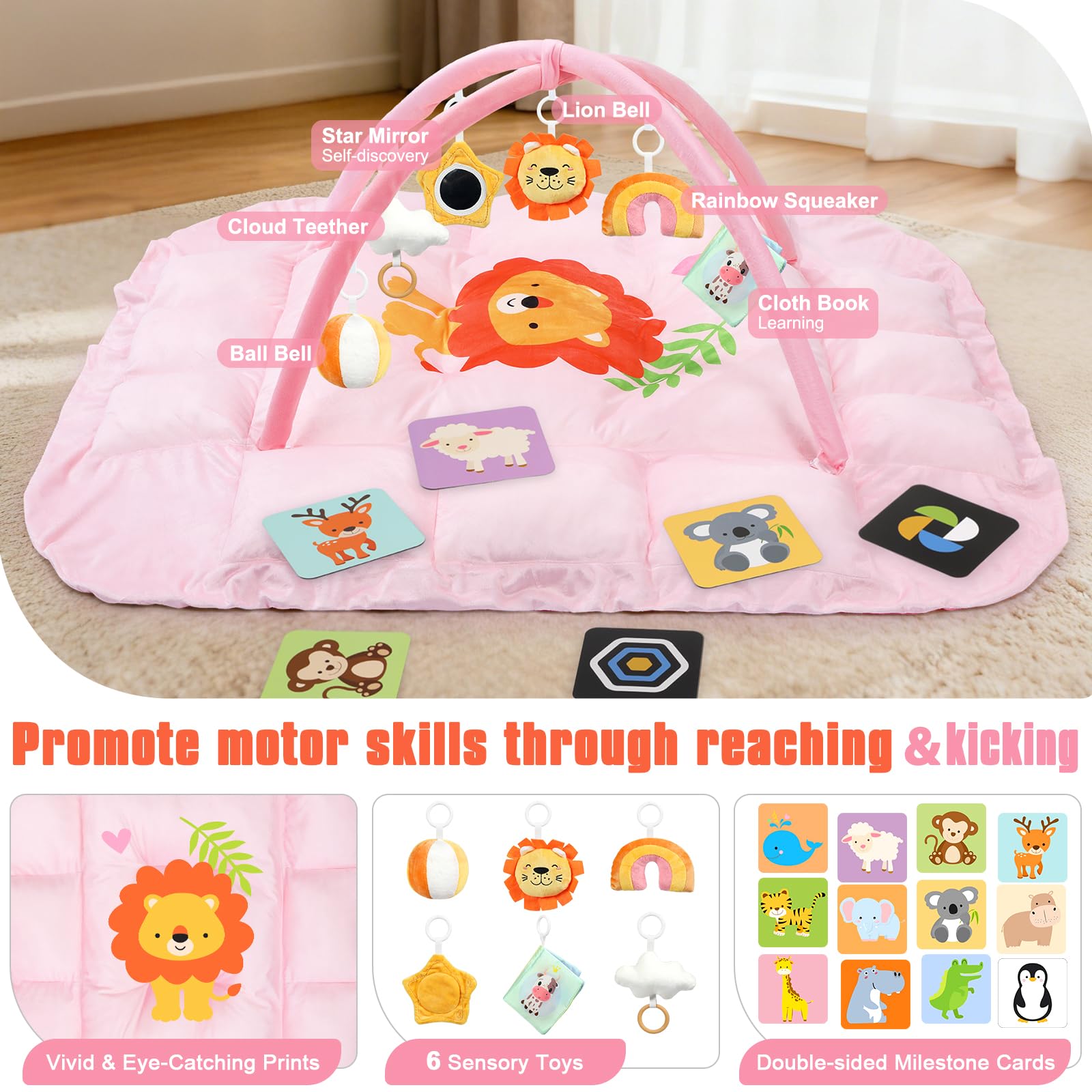 5-in-1 Bauchzeitmatte Baby Activity Gym mit Cartoon-Muster, extra dicke Plüsch-Spielbodenmatte, mit hängenden Spielzeugen, sensorischer Entwicklungs-Fitness-Studio & schönes Geschenk für Neugeborene