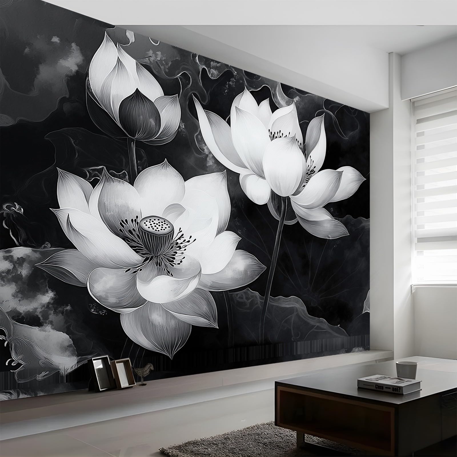 Tapeta kwiatowa Lotos Sztuka Czarny Biały 250 x 175 cm (szer. x wys.) , Fototapety z włókniny Nowoczesne tapety, malowidła ścienne Plakat z efektem 3D Wodoodporne fototapety do kuchni łazienki pokoju