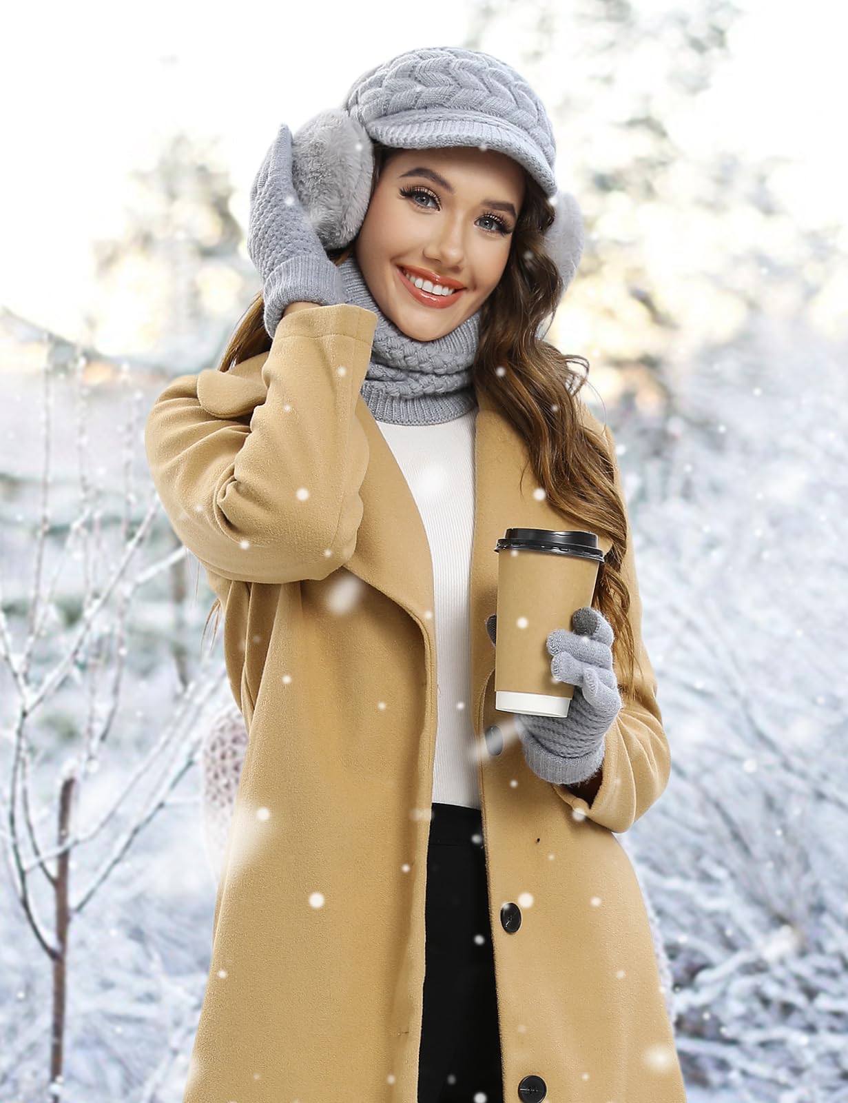 Packs Bonnet Écharpe et Gants Femme 5 en 1 Tricotés Ensemble Hiver Set Doublure Polaire Bonnet Echarpes Gants Tactiles Chaude Cache Oreille Chaussettes Thermiques