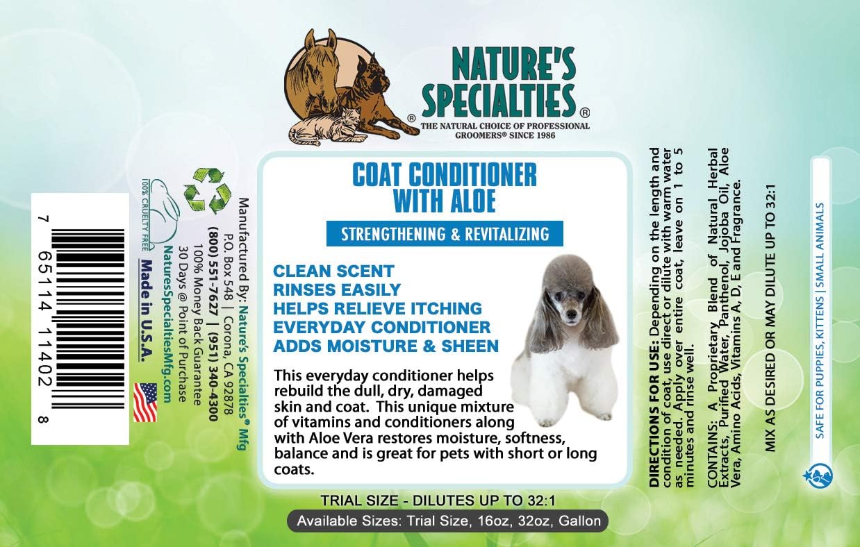 Nature's Specialties Dog Coat Conditioner with Aloe for Pets, Natural Choice for Professional Groomers, Strengthen and Revitalize, Made in USA, 32 oz