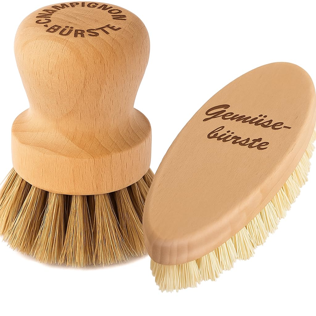 Chinchilla® Gemüse-Duo Set de brosses à légumes & Champignons en Bois - Poils naturels Fibre d'agave pour Nettoyage - Made in Germany