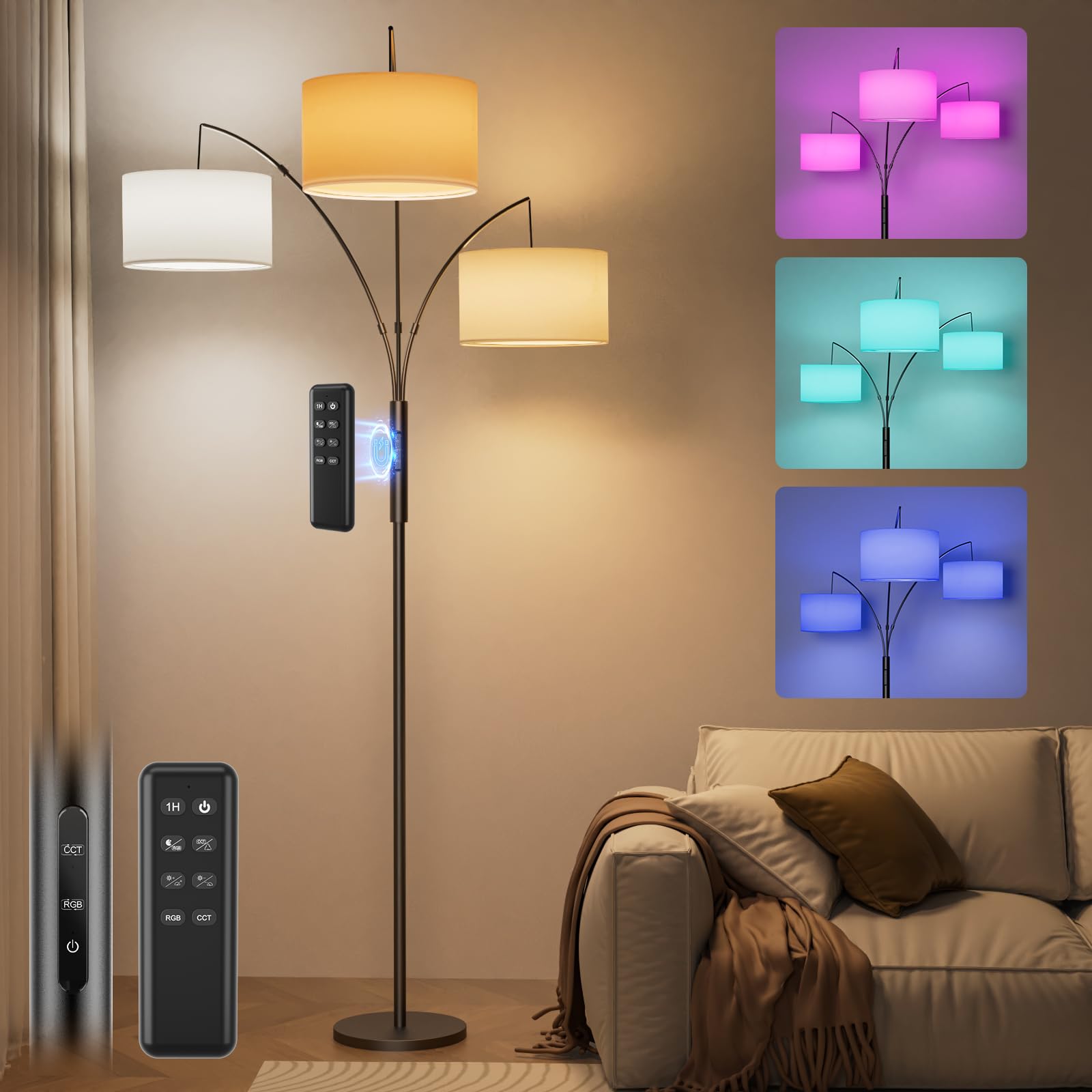 Photo 1 of SIBRILLE 36W RGB Arc Floor Lamp with 3 White Fabric Shades, 3000LM Super Bright Standing Lamp with Remote Control & Touch, Stepless Dimming, Individual Light Control for Living Room, Bedroom
