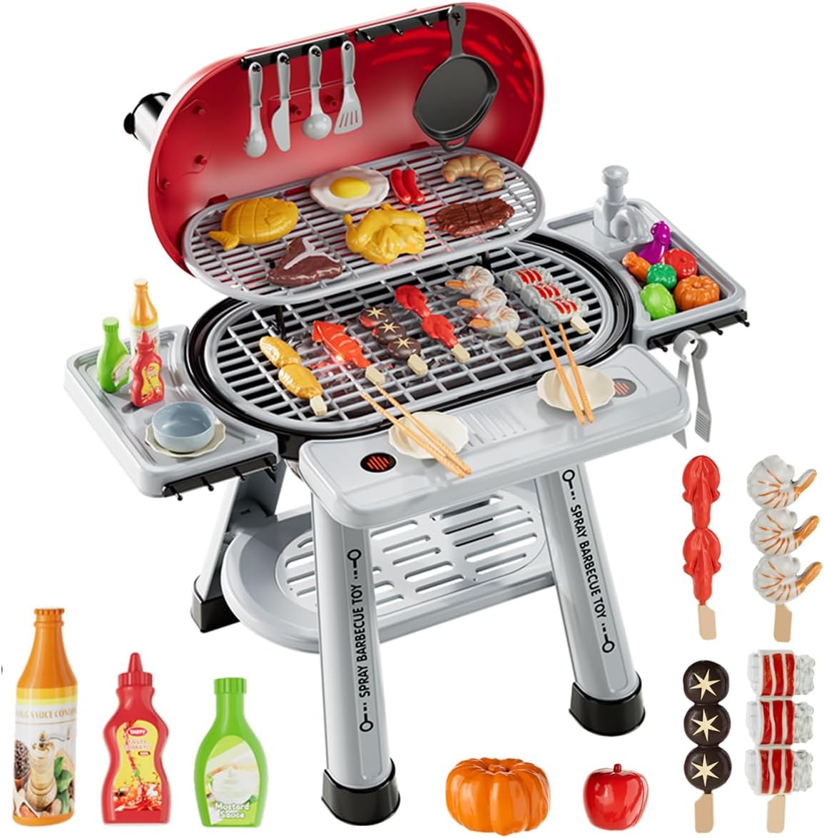 幼児向けキッチントイ40個、キッズグリルプレイセット、煙の音とライト付き、キッズクッキングセット、プレイグリルセットバーベキューおも
