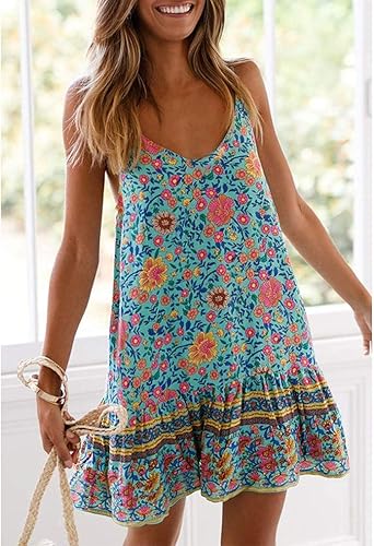 Miniatura 5 de Qearal Vestido de verano bohemio con estampado floral para mujer, sin mangas, correa ajustable, mini vestido de playa con bolsillos