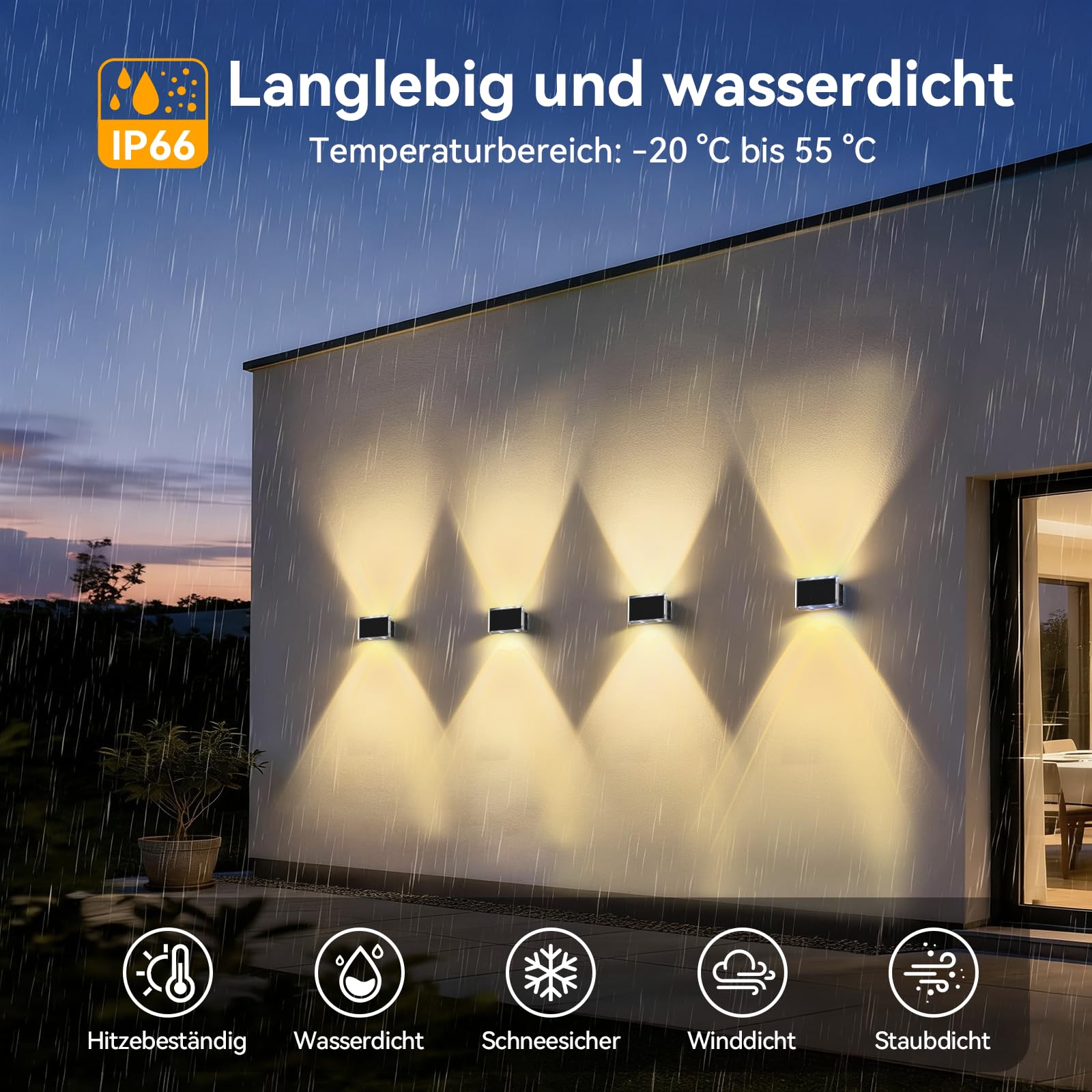 TECKNET Solar Wandleuchten für Außen, IP66 Up and Down Solarlampen, 12Stück | IP66 Wasserdicht, 4 LEDs, 3 Farbmodi, für außen wand, Garten, Hof, Terrassen, Balkone, Veranden, Zäune