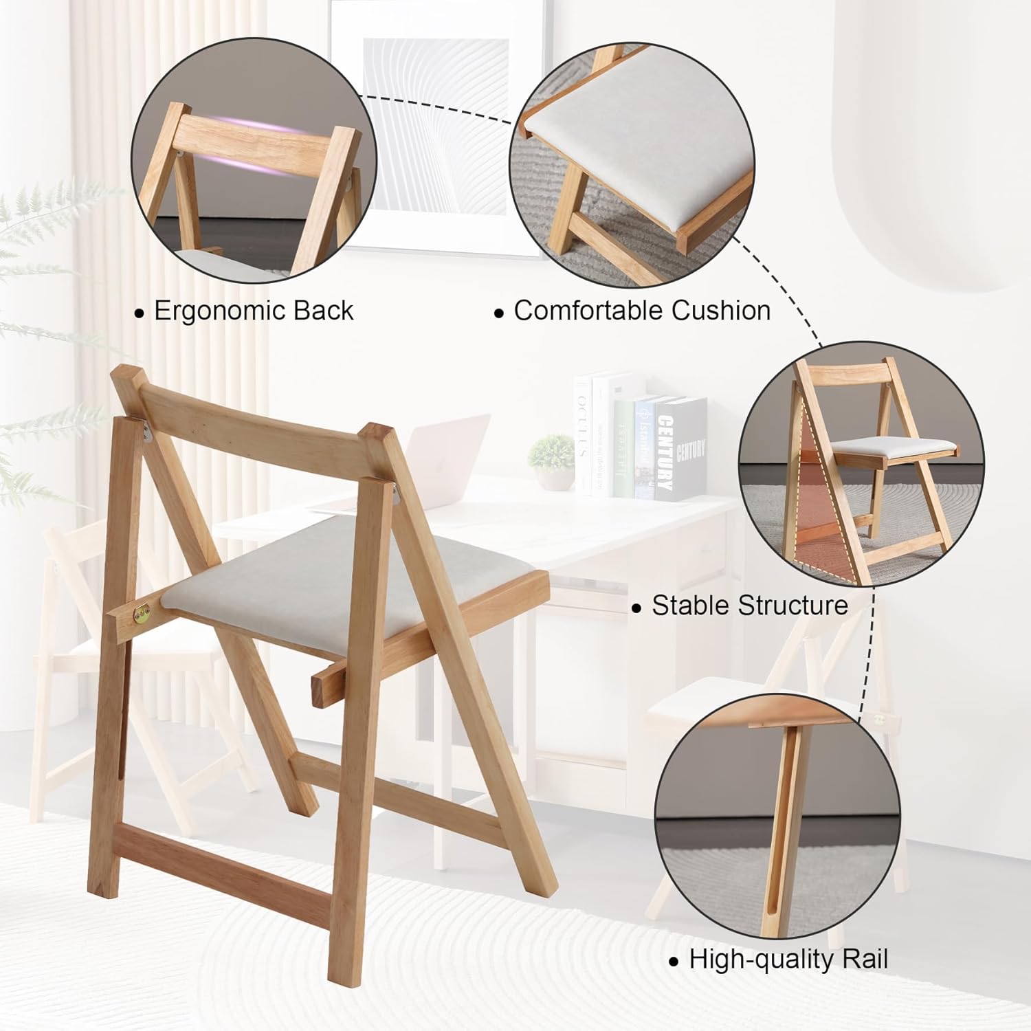 Folding Dining Chairs with Cushion, Padded Folding Chairs Lightweight, Modern Folding Patio Chairs, Wooden Dining Chairs, Foldable Chairs Set of 2 for Camping, Picnic, Office, Party (Wood)