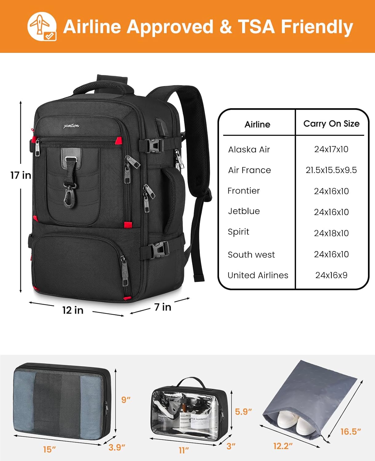 YAMTION Carry On Backpack,Travel Backpack with 3 Packing Cubes for Men Women,Laptop Backpack Airline Approved Weekender Bag Mochila de Viaje - Image 4