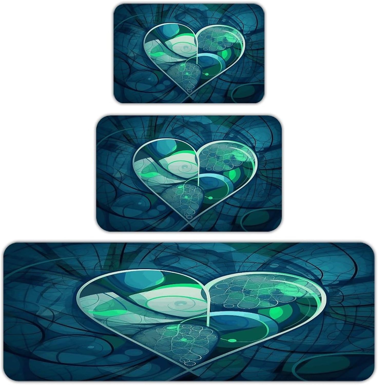 Blue Heart Pattern 3-Piece Kitchen Rug Indoor Door Mat | Non-Slip Kitchen Mat for Profile Absorbent, Moisture-Wicking and Breathable for Bathroom Laundry Room Bedroom Home Decor