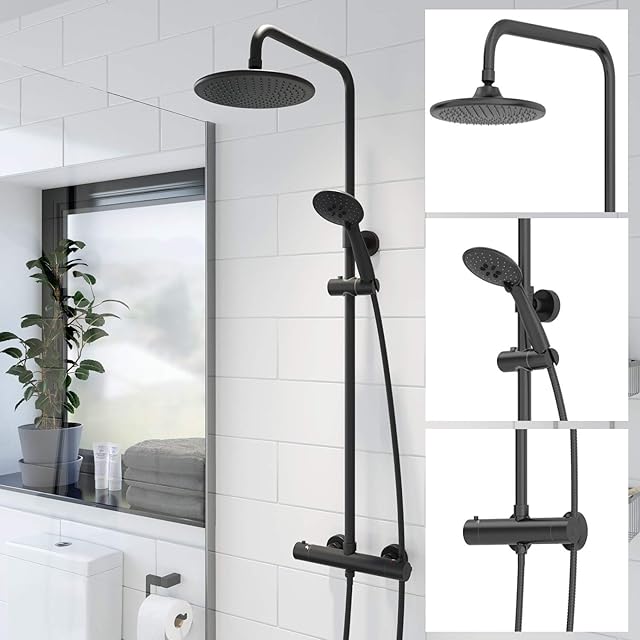 Bathroom Thermostatic Mixer Shower Set Round Matte Black Twin Head Exposed Valve Shower System Separate Handset
