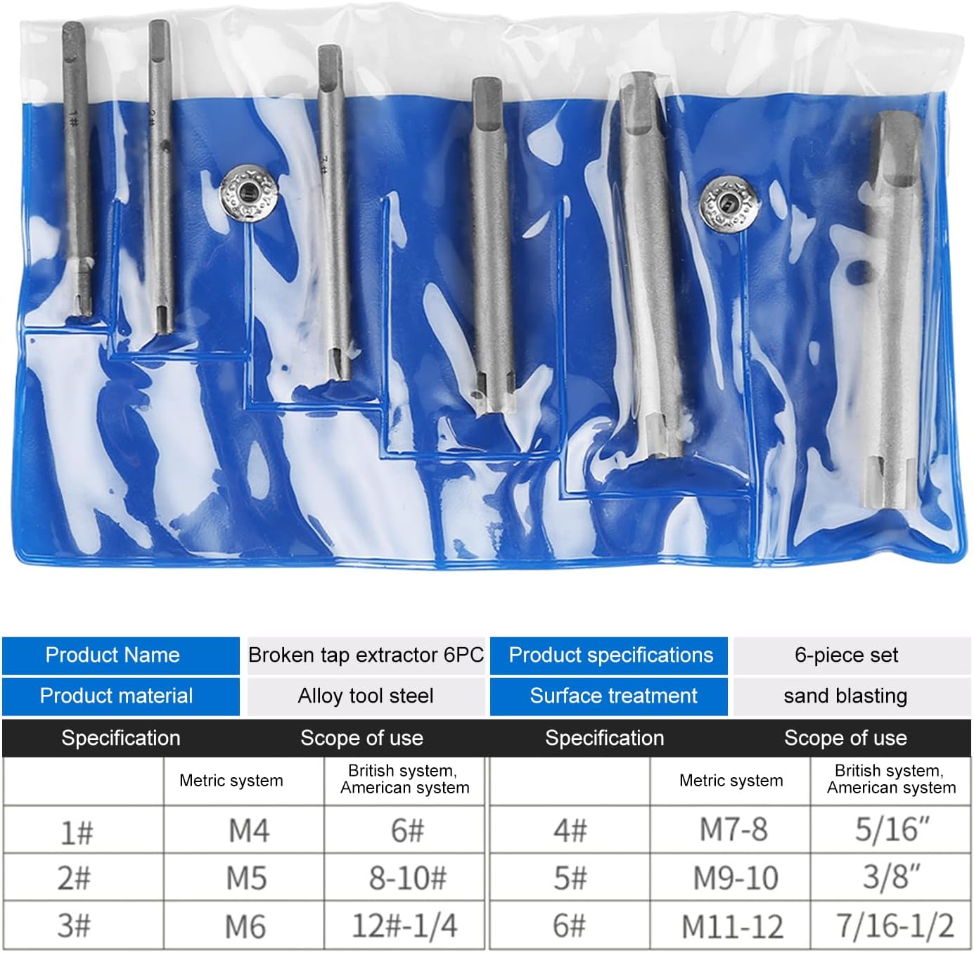 Tap Extractor 3/4 Flute Broken Head Screw Remover Stripped Tap Extractor Set Steel 3 Types 6 Pcs