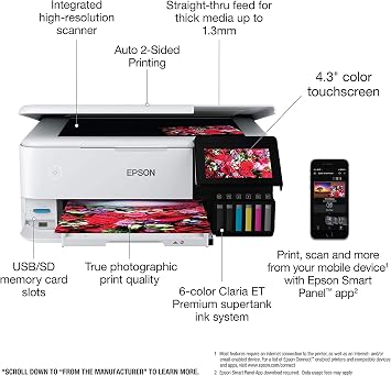 Epson EcoTank Photo ET-8500 All-in-One Wireless Color Supertank Printer with Scanner and Copier - Print Scan Copy Fax- Auto 2-Sided Printing - White-Bundle with Ahaghug Printer Cable.