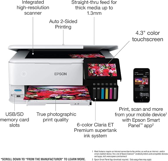 Epson EcoTank Photo ET-8500 All-in-One Wireless Color Supertank Printer with Scanner and Copier - Print Scan Copy Fax- Auto 2-Sided Printing - White-Bundle with Ahaghug Printer Cable.