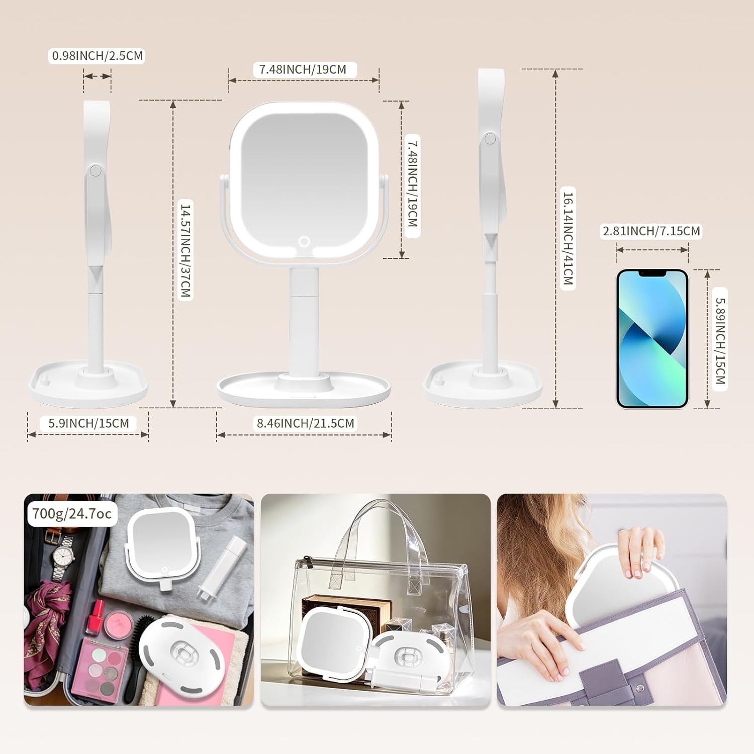 Makeup Mirror with Lights, 1X/10X Magnifying Mirror with Light, Rechargeable Lighted Makeup Mirror with Magnification, 3-Color Lighting, Height Adjustable 360° Rotation Desk Mirror, Gift for Women