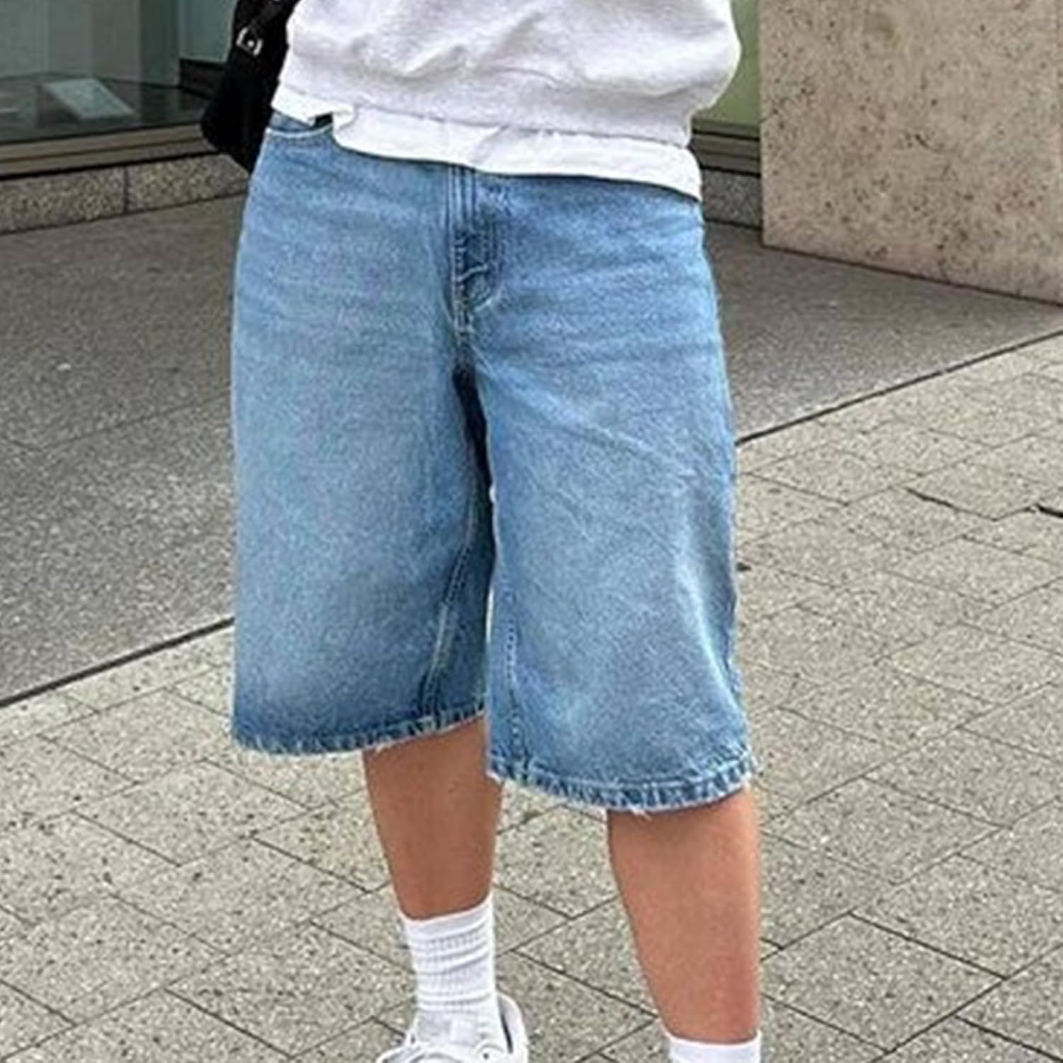 Mens Loose Denim Shorts Baggy Casual Wide Leg Mid Jean Jorts Zipper Hip Hop Shorts with Pockets Streetwear - Image 3