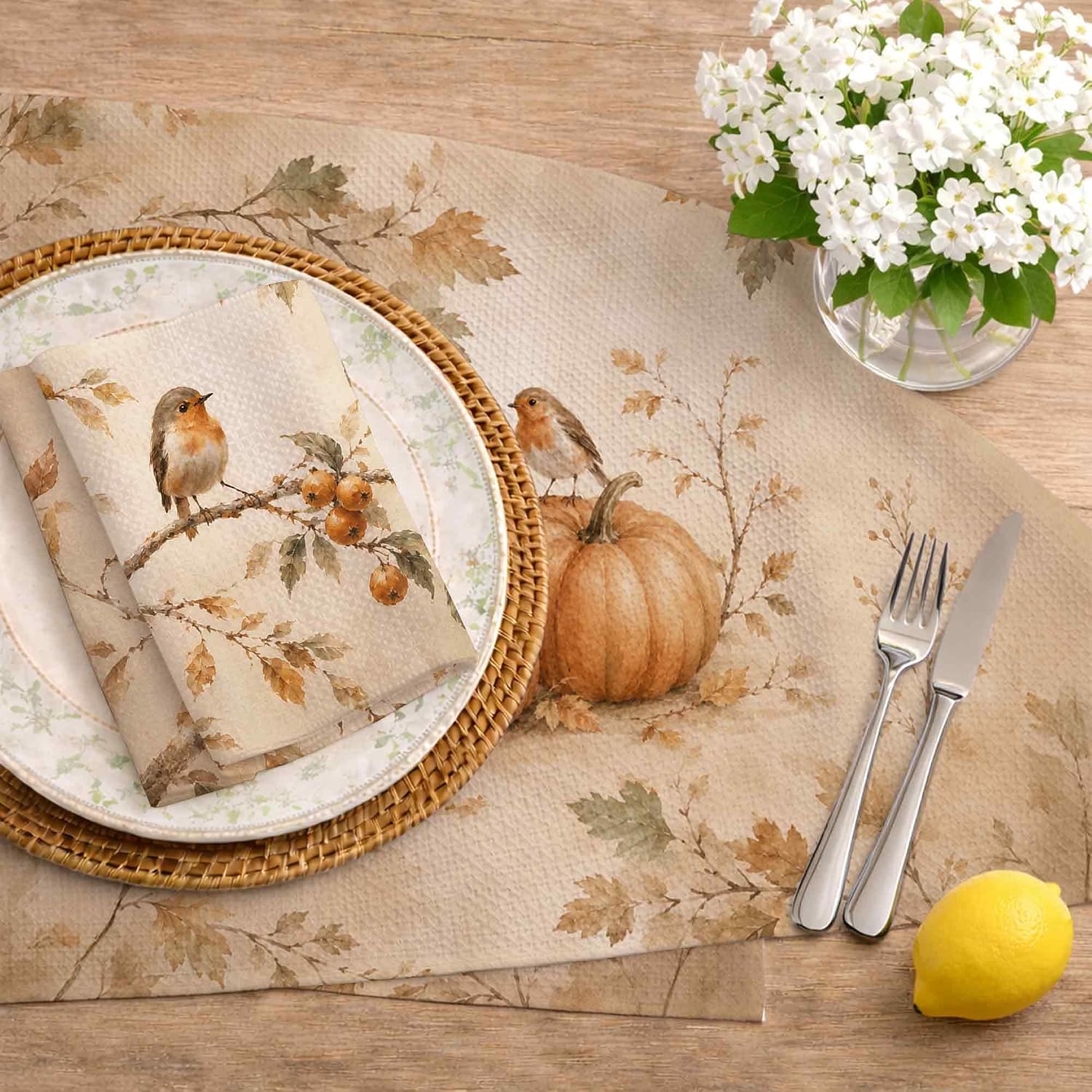 Fall Bird Pumpkin Vintage Kitchen Towels Set of 2 16x24inch