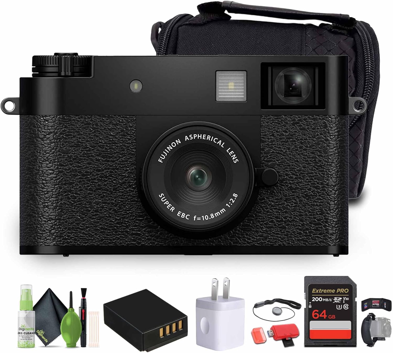 FUJIFILM X Half Premium Compact Digital Camera (Black) Bundle with Carrying Case + 64GB Memory Card + Lens Cap Keeper + Memory Card Wallet + Hand Strap + Cleaning Kit + More