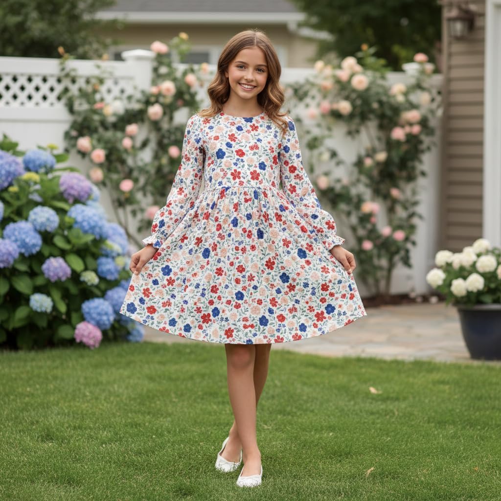 Girls Florals Dress Spring Long Dresses Elastic Cuff for Toddler