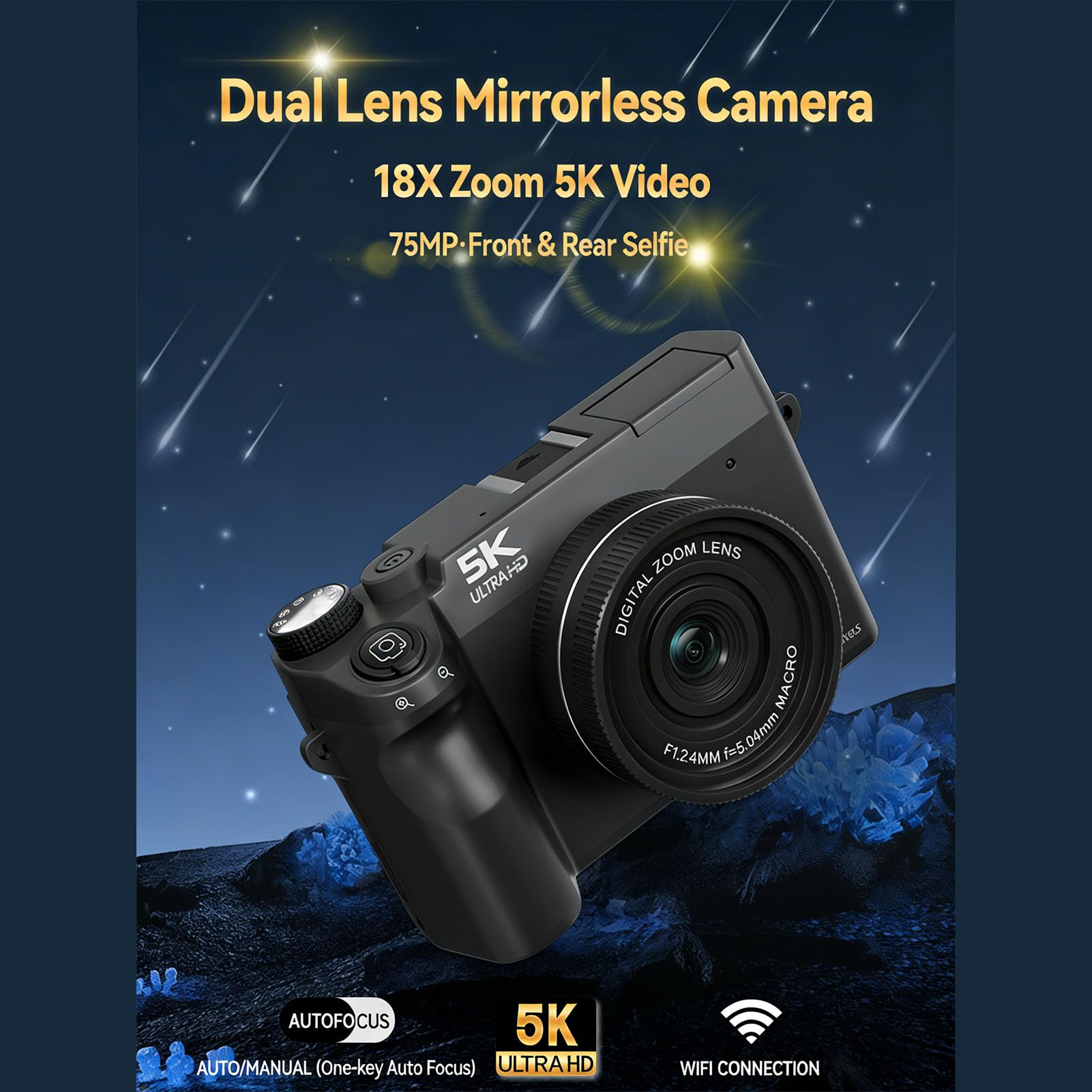 Sxhlseller Cyfrowy Aparat Fotograficzny 5K do Fotografii, Aparat 75 MP z 18-krotnym Zoomem i Podwójnym Obiektywem UHD, Autofokusem Wi-Fi i Aparatami Podróżnymi do Robienia zdjęć dla (BLACK)