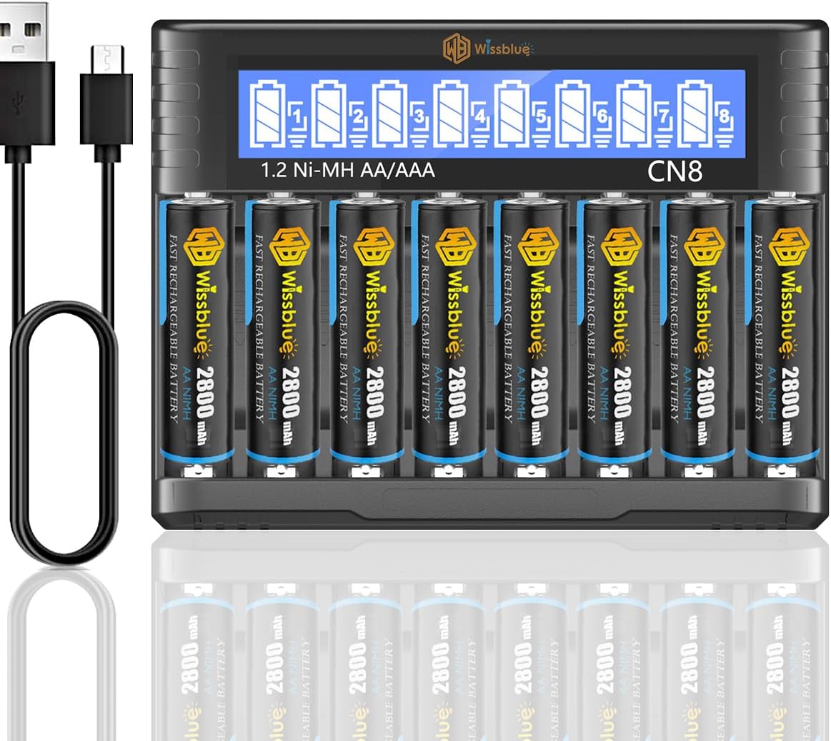 WISSBLUE Rechargeable AA Batteries with Charger, High Capacity Rechargeable AA Batteries 2800Mah, Fast Charger 8 Bay for 1.2v VNi-MH/Ni-CD Battery Charger Set