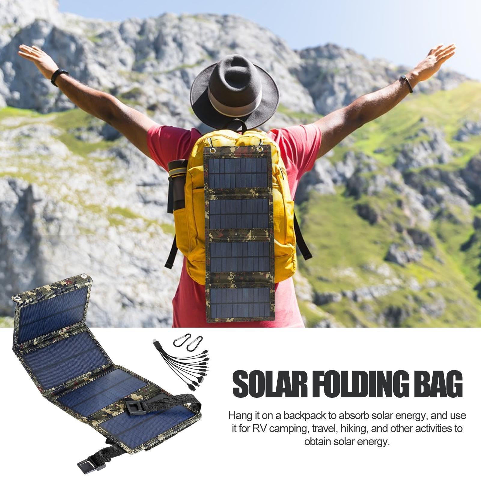 Chargeur Solaire 50W 5V, USB Panneaux Solaires Pliable, Solaire Power Bank Portable, pour Smartphone, Tablette, Camping et Plus, 18.5x11.5x4cm