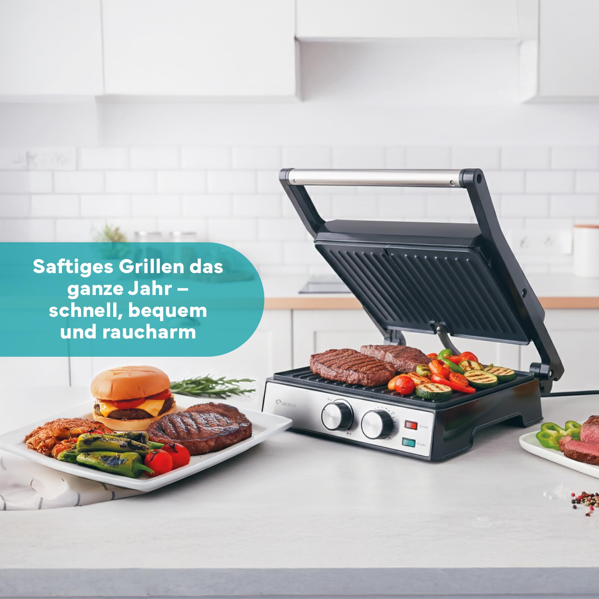 ARIVA Elektro Kontaktgrill 2000W mit Keramikbeschichtung – 2-in-1 Tischgrill 180° aufklappbar, Panini Maker mit Timer & Temperaturregler, Fettauffangschale, Antihaftbeschichtet, Silber