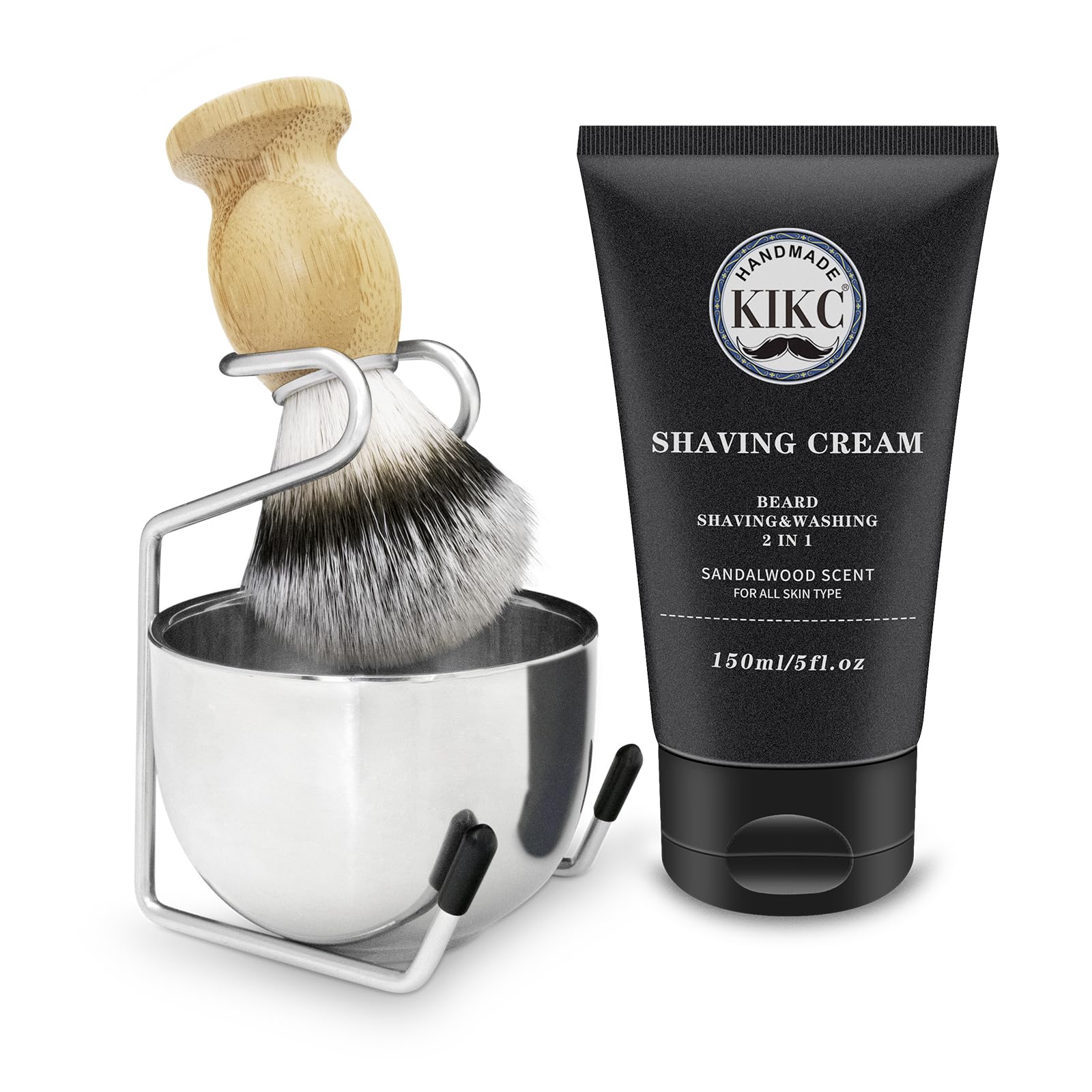 Kikc4 in 1 Shaving Set for Wet Shave, Kit includes Hand Crafted Shaving Brush with Synthetic Hair Bristle, Stainless Steel Soap Bowl, Shaver Brush Stand, Shaving Soap, Best Gift for Bearded Men