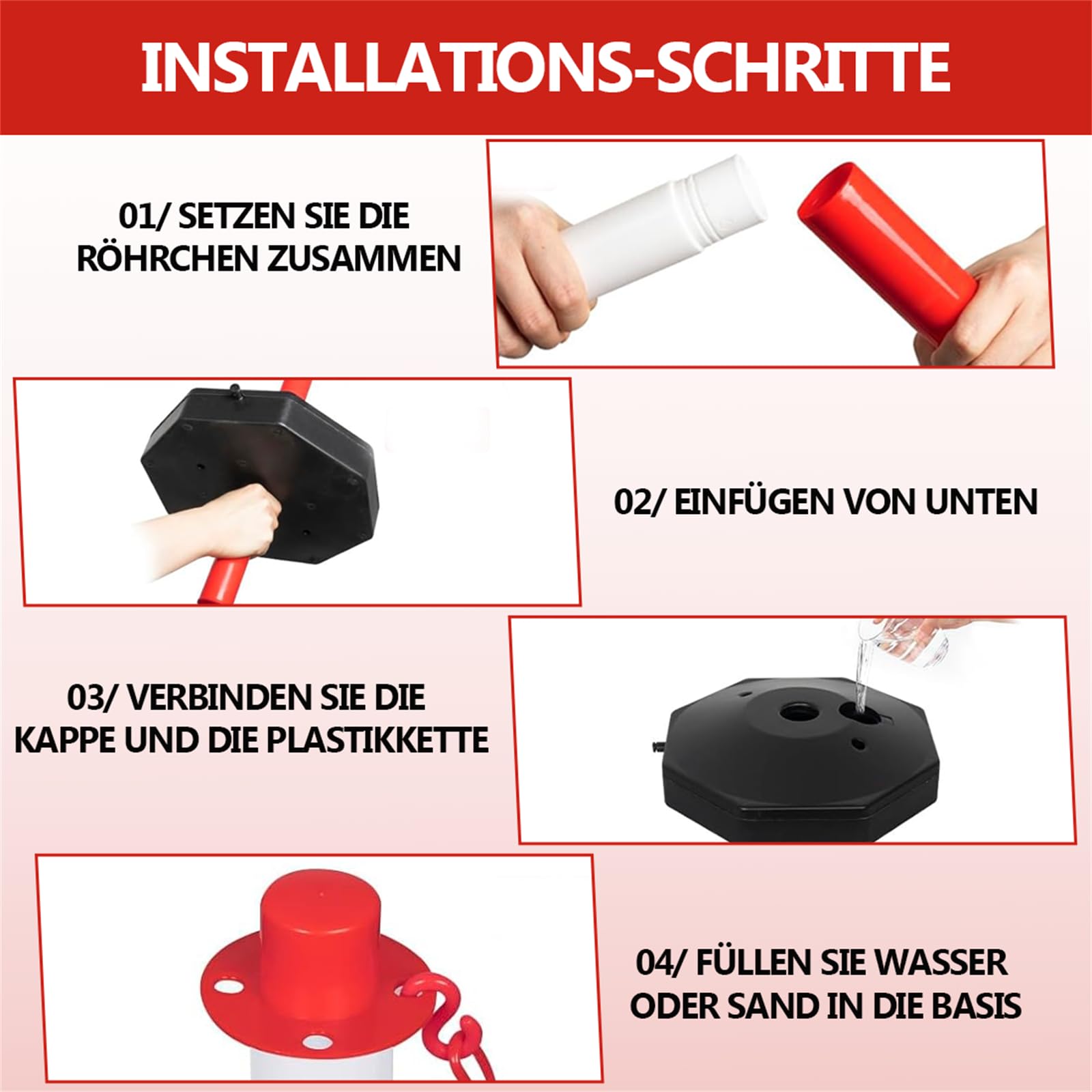 4 Stück Kettenpfosten Absperrpfosten aus Kunststoff mit Absperrkette, Kettenständer Poller Sperrpfosten mit Standfuß, parkplatz absperrung befüllbar mit Wasser und Sand