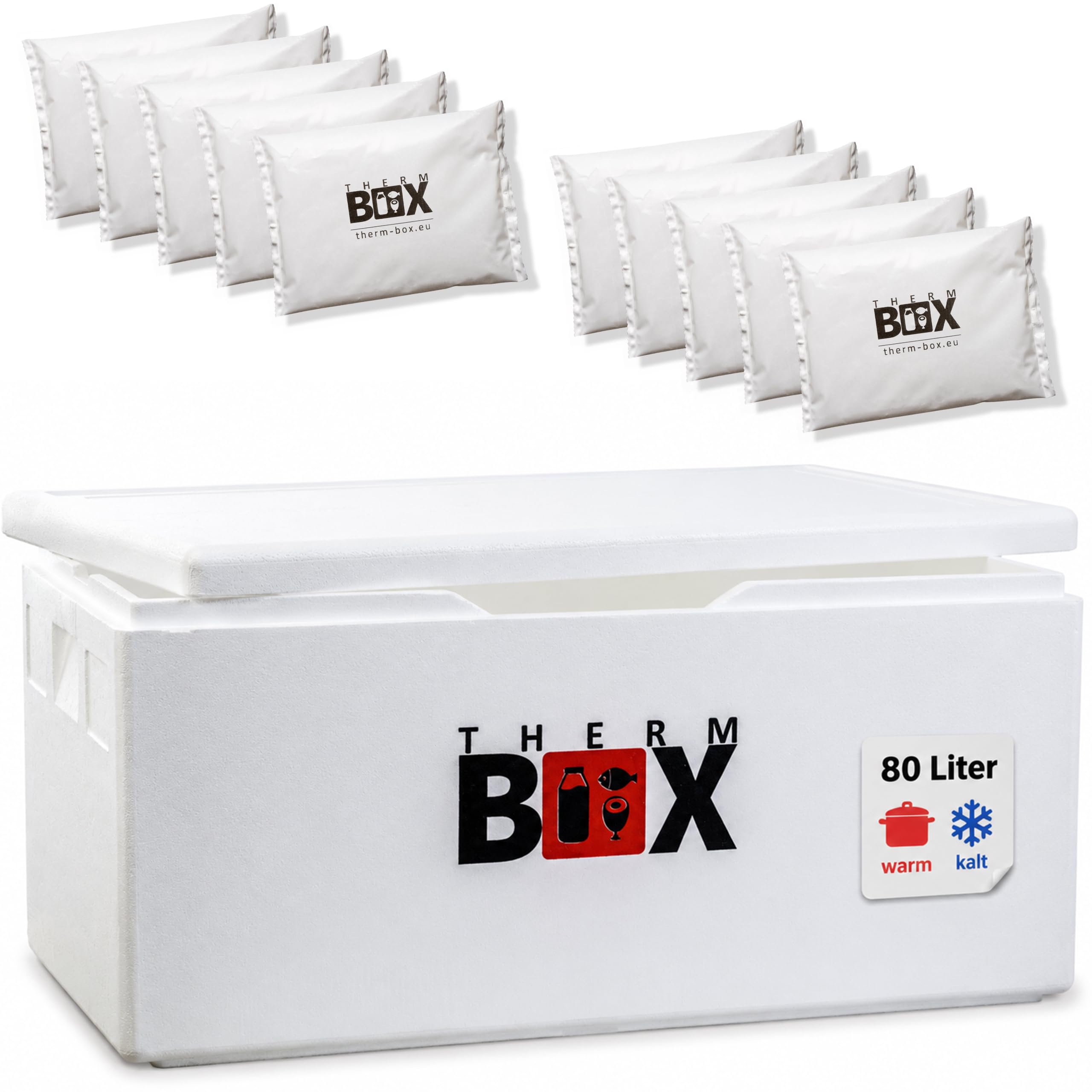 THERM BOX 80W Styroporbox 80 Liter Kühlbox Set mit 10 Gel Kühlakkus | Gel Kühlpacks | Box Innenmaß 62,5x44x30 cm Wandstärke 3 cm Thermobox Isolierbox Warmhaltebox Wiederverwendbar