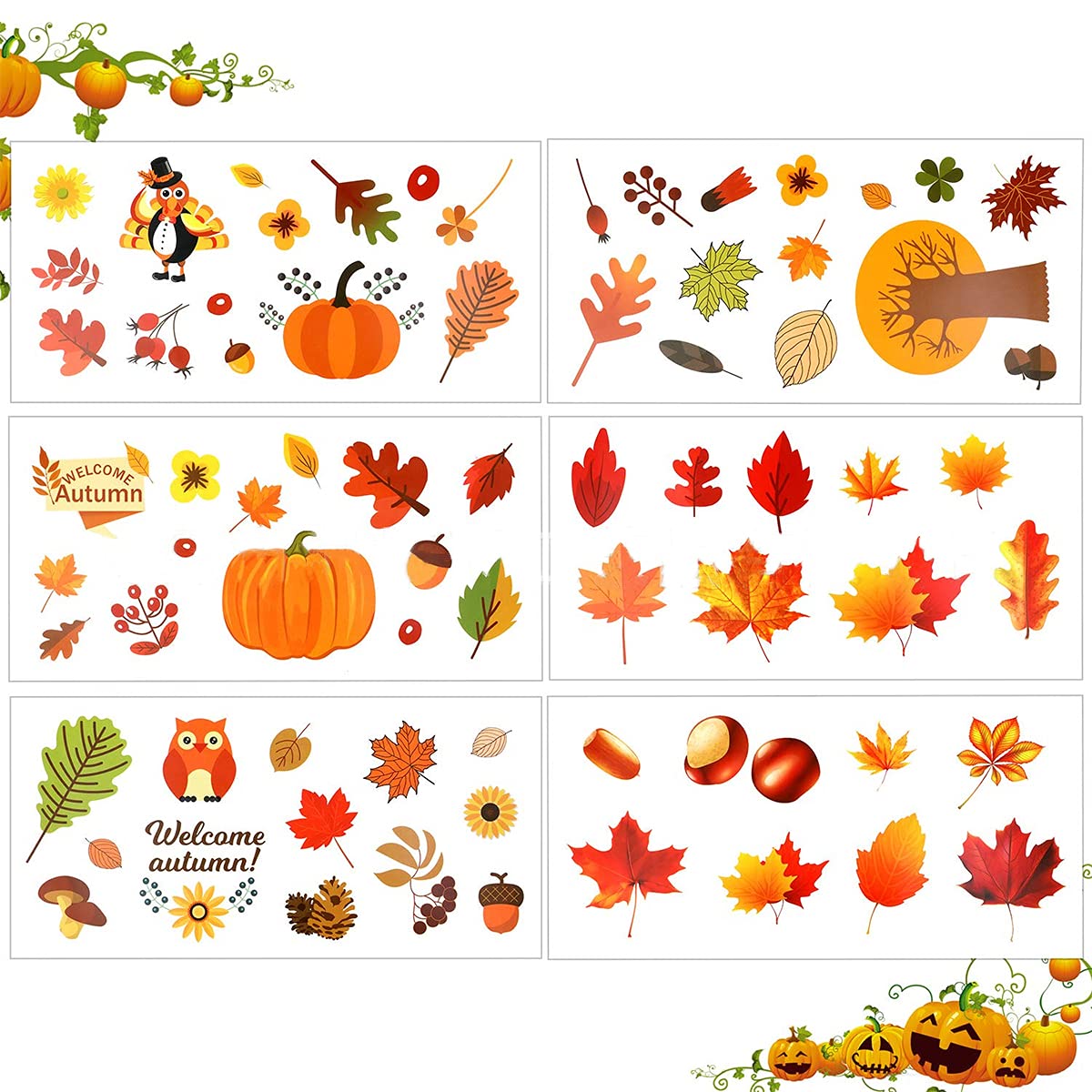 Autocollants Fenêtre Automne - Citrouilles, Feuilles, Pour Décorer Halloween Et Thanksgiving !