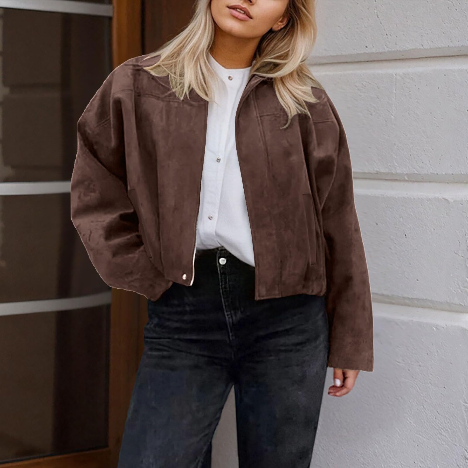 Bomberjacke Damen Wildlederjacke Damen Kurz,Oversized Bomberjacke aus weichem Kunstwildleder mit Fleece-Futter Kurze Jacke Mit Reißverschluss und Revers Suede Jacket für Herbst Übergangszeit S-L